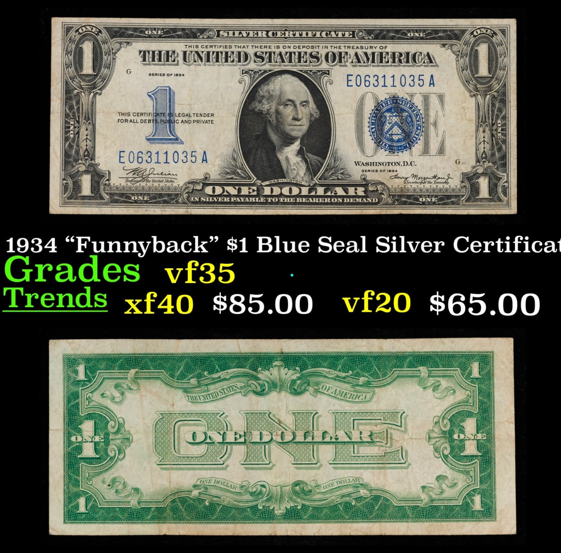 1934 "Funnyback" $1 Blue Seal Silver Certificate Grades vf++ (1 of 3)