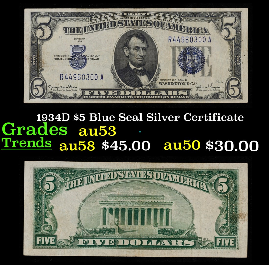 1934D $5 Blue Seal Silver Certificate Grades Select AU (1 of 3)