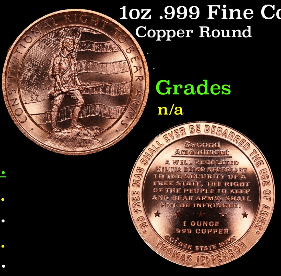 1oz .999 Fine Copper Bullion Round - Right to Bear Arms Style Grades Ungraded (1 of 3)