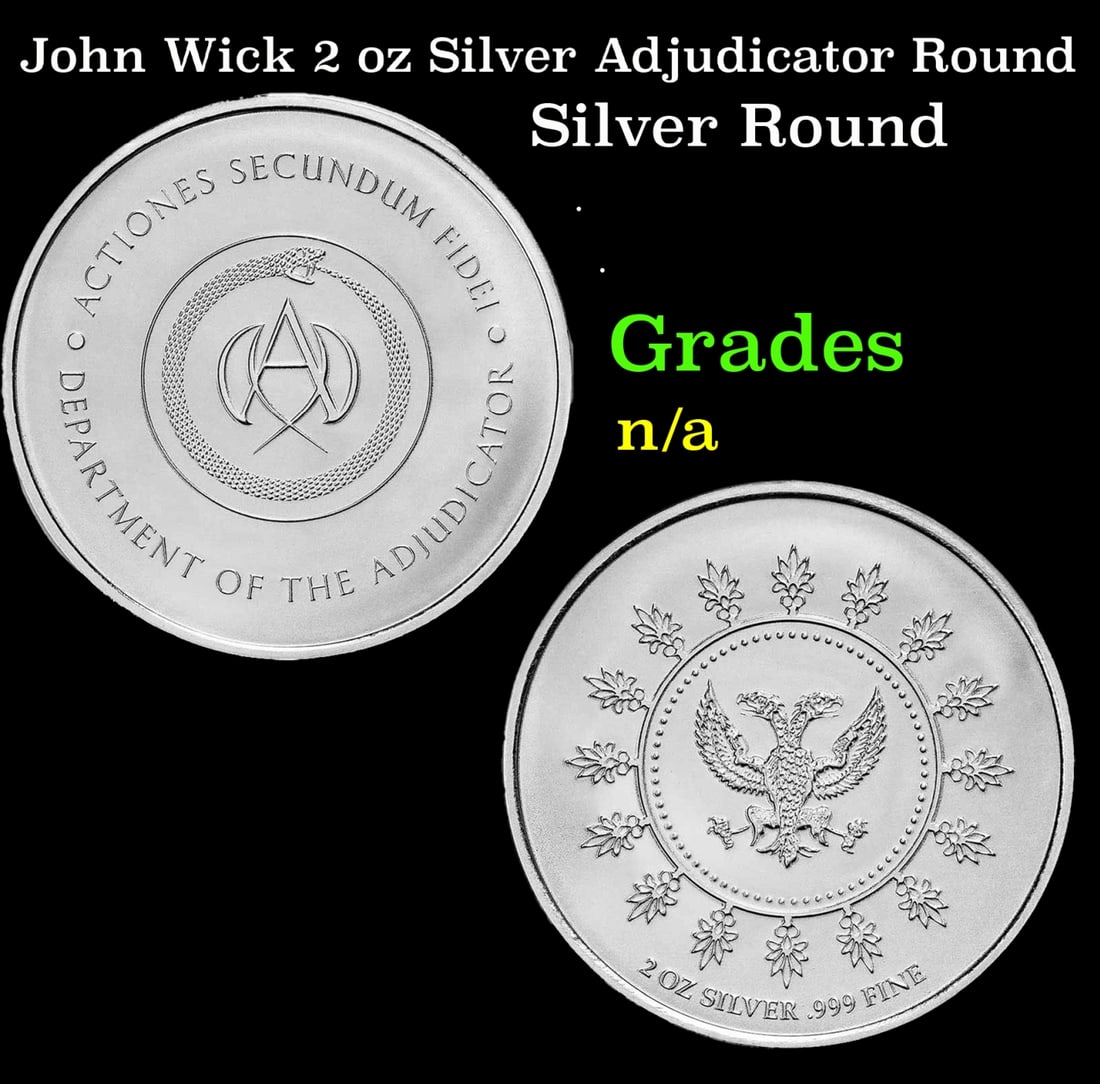 John Wick 2 oz Silver Adjudicator Round: John Wick 2 oz Silver Adjudicator Round. Lionsgate produced this exclusive, limited mintage coin featuring the Adjudicator’s Medallion from the John Wick franchise. This 2 oz .999 fine Silver round