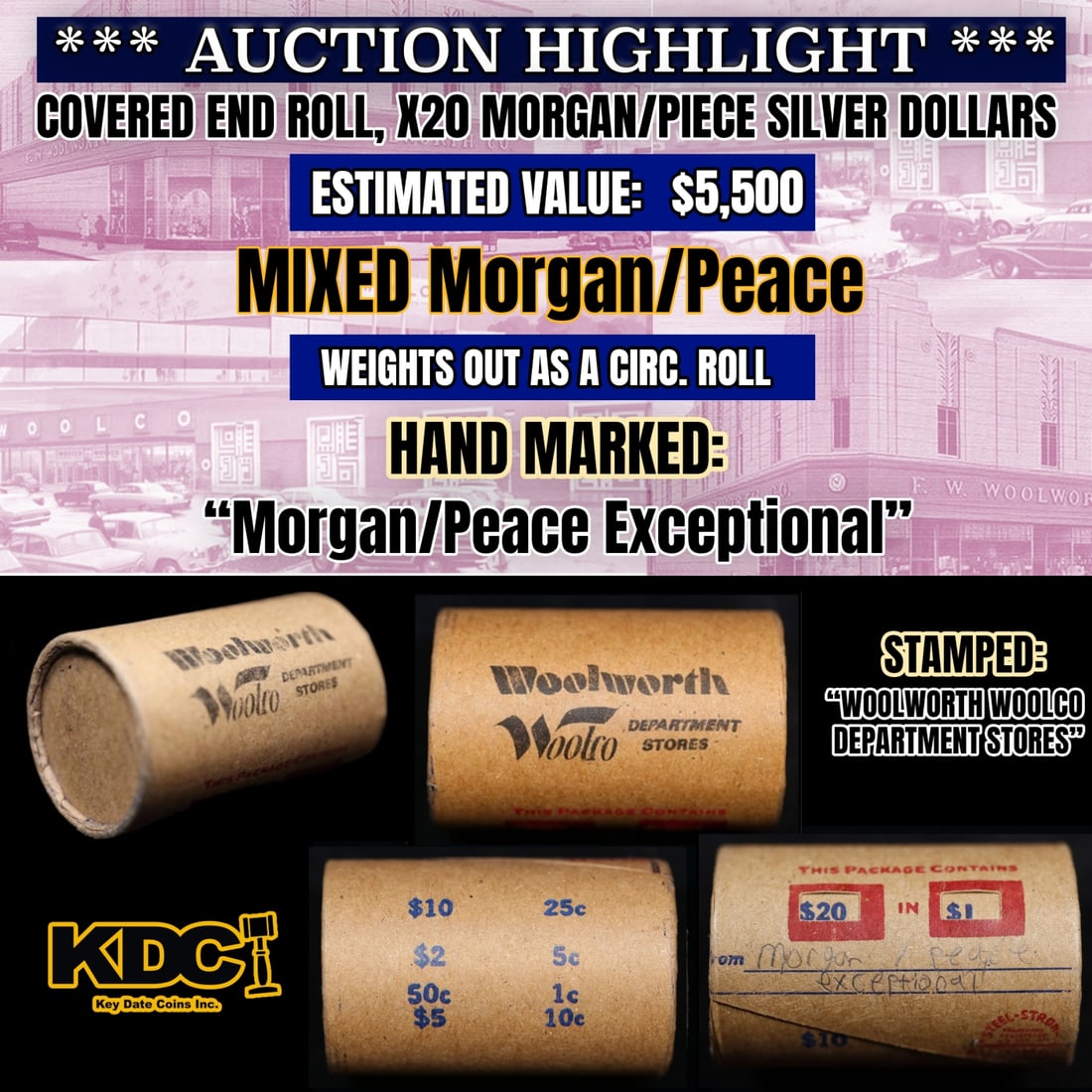 High Value - Mixed Covered End Roll - Marked "Morgan/Peace Exceptional" - Weight shows x20 Coins: High Value - Mixed Covered End Roll - Marked "Morgan/Peace Exceptional" - Weight shows x20 Coins (FC). Exciting News from The Long Island Hoard!Prepare to be amazed! Today, we are thrilled to offer an