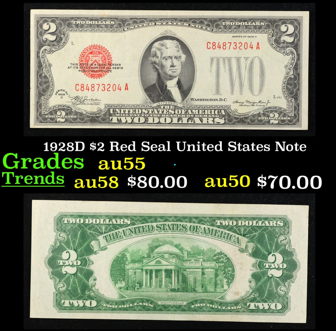 1928D $2 Red Seal United States Note Grades Choice AU (1 of 3)