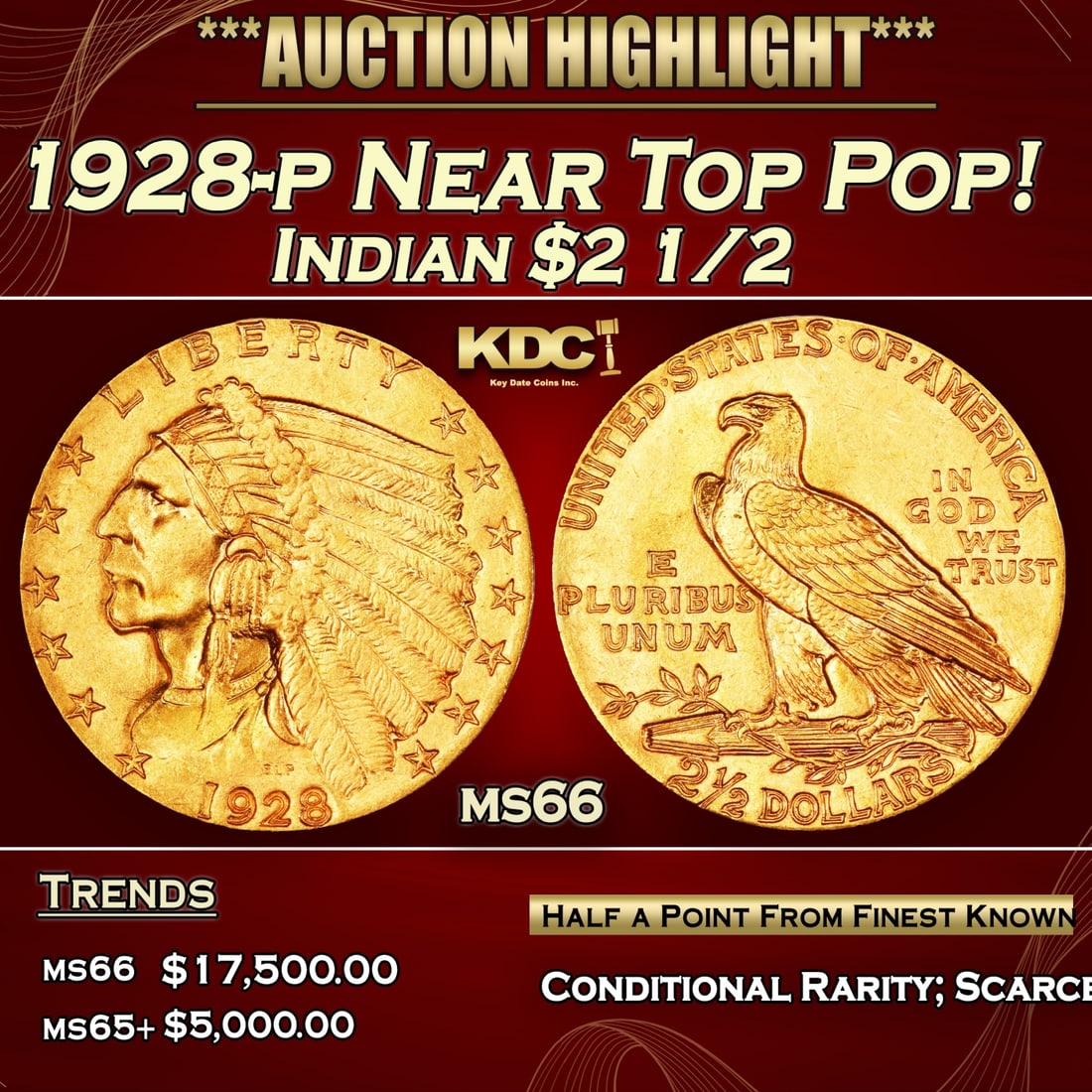 IR 1928-p Gold Indian Quarter Eagle Near Top Pop! $2 1/2 ms66 USCG: 1928-p Near Top Pop! Gold Indian Quarter Eagle $2 1/2 ms66 USCG. 0 Per David Akers of PCGS" The 1928 is slightly more rare overall than the 1926 and 1927 and although MS-63 or lesser quality specimens
