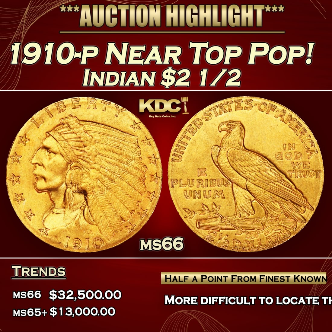 IR 1910-p Gold Indian Quarter Eagle Near Top Pop! $2 1/2 ms66 USCG: 1910-p Near Top Pop! Gold Indian Quarter Eagle $2 1/2 ms66 USCG. 0 The 1910 Indian quarter eagle claims a nominal mintage of 492,000 pieces, and the issue is a medium rarity in the series in high grad