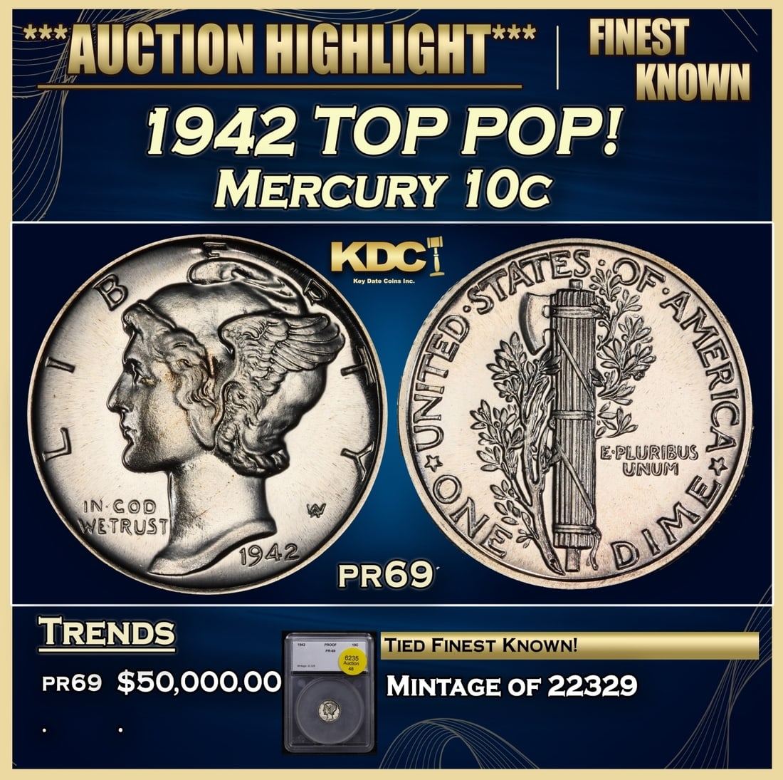 1942 Proof Mercury Dime TOP POP! 10c pr69 SEGS (1 of 4)