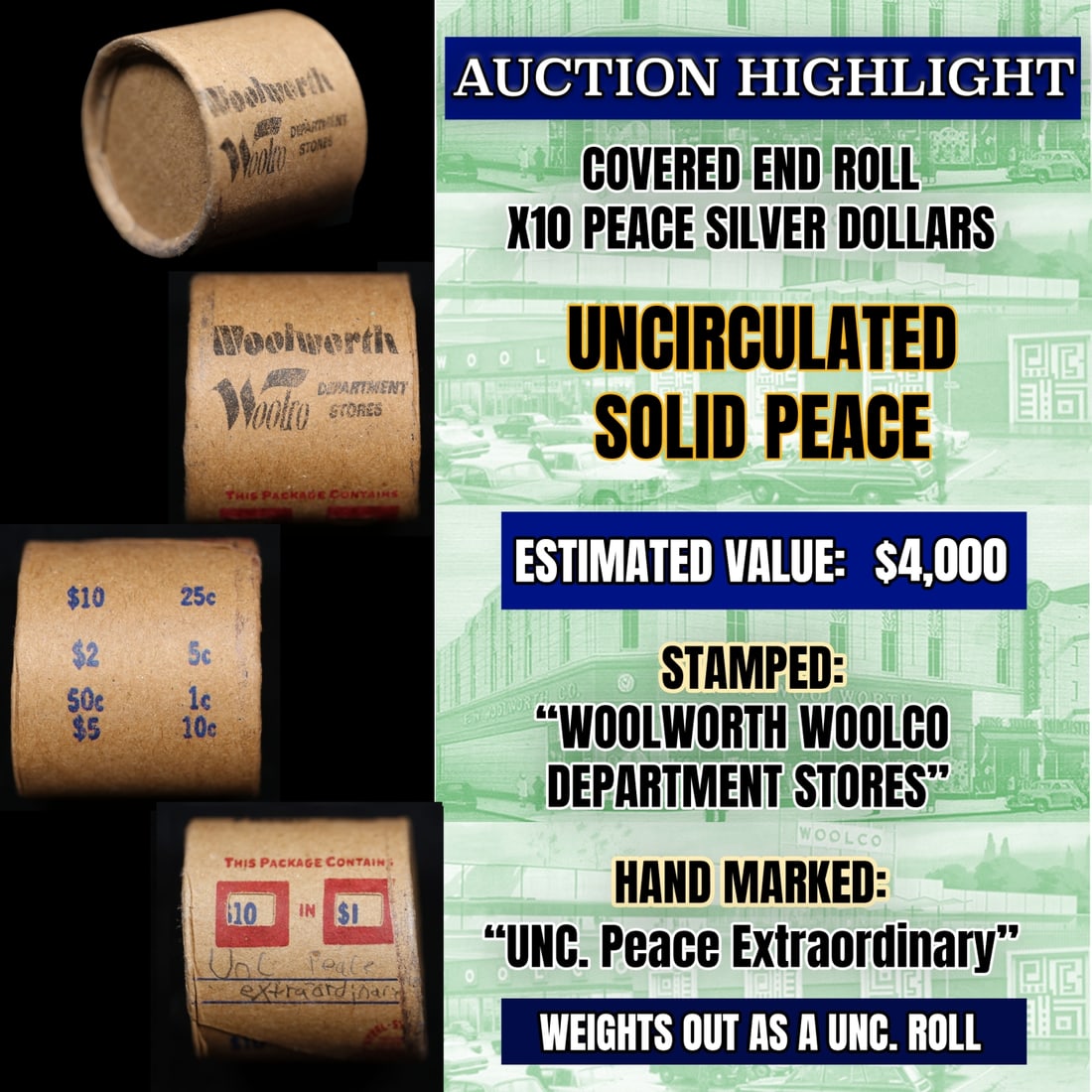 Must See! Covered End Roll! Marked "Unc Peace Extraordinary"! X10 Coins Inside! (FC) (1 of 5)