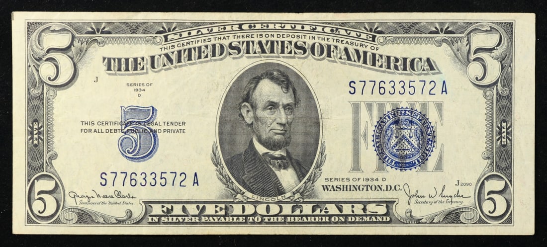 1934D $5 Blue Seal Silver Certificate Grades xf+: 1934D $5 Blue Seal Silver Certificate Grades xf+. Fr-1654 1934 $5 silver certificates actually come in five different varieties. There are series of 1934, 1934A, 1934B, 1934C, and 1934D. The differenc