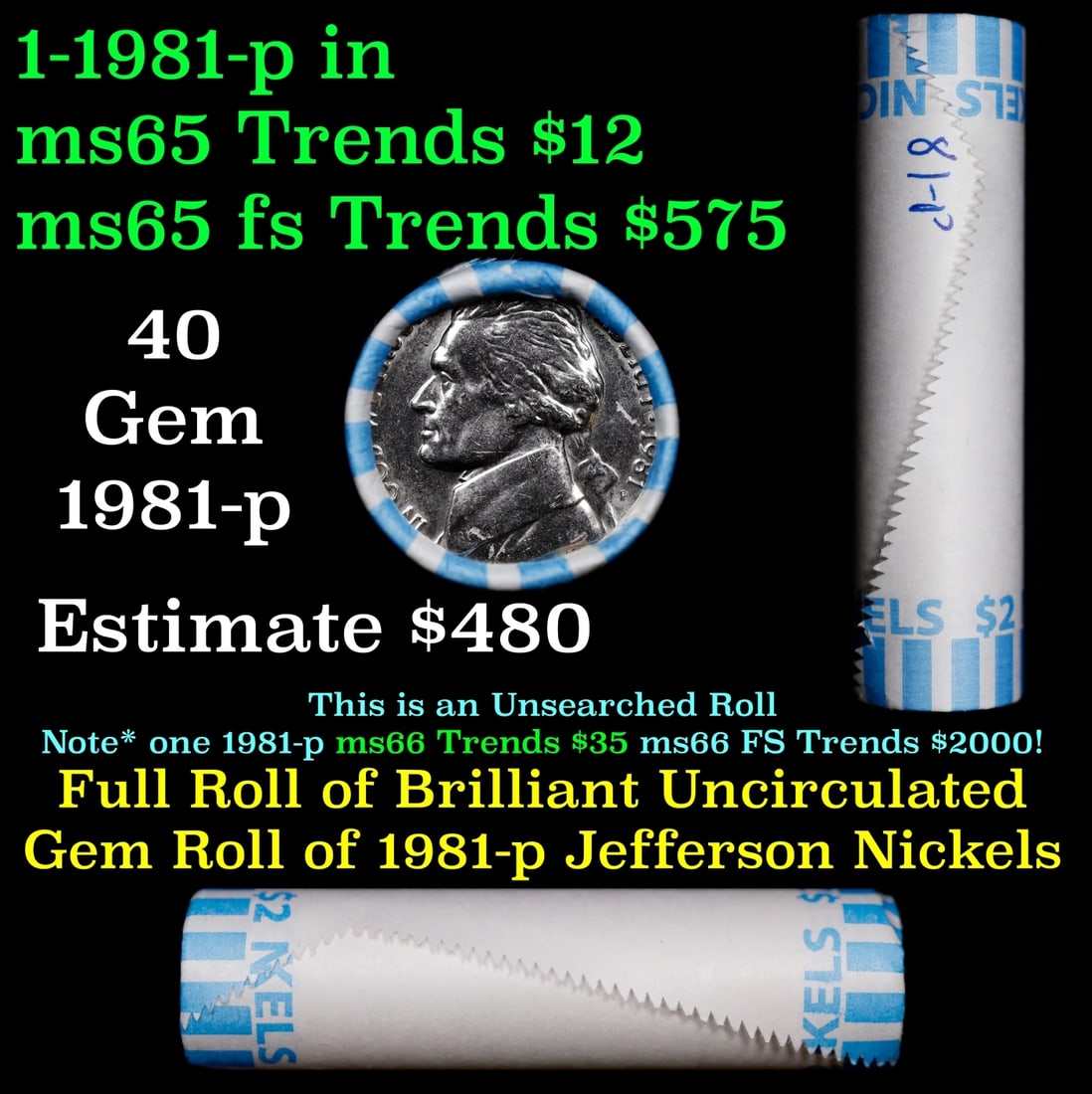 BU Shotgun Jefferson 5c roll, 1981-p 40 pcs Bank $2 Nickel Wrapper: BU Shotgun Jefferson 5c roll, 1981-p 40 pcs Bank $2 Nickel Wrapper.