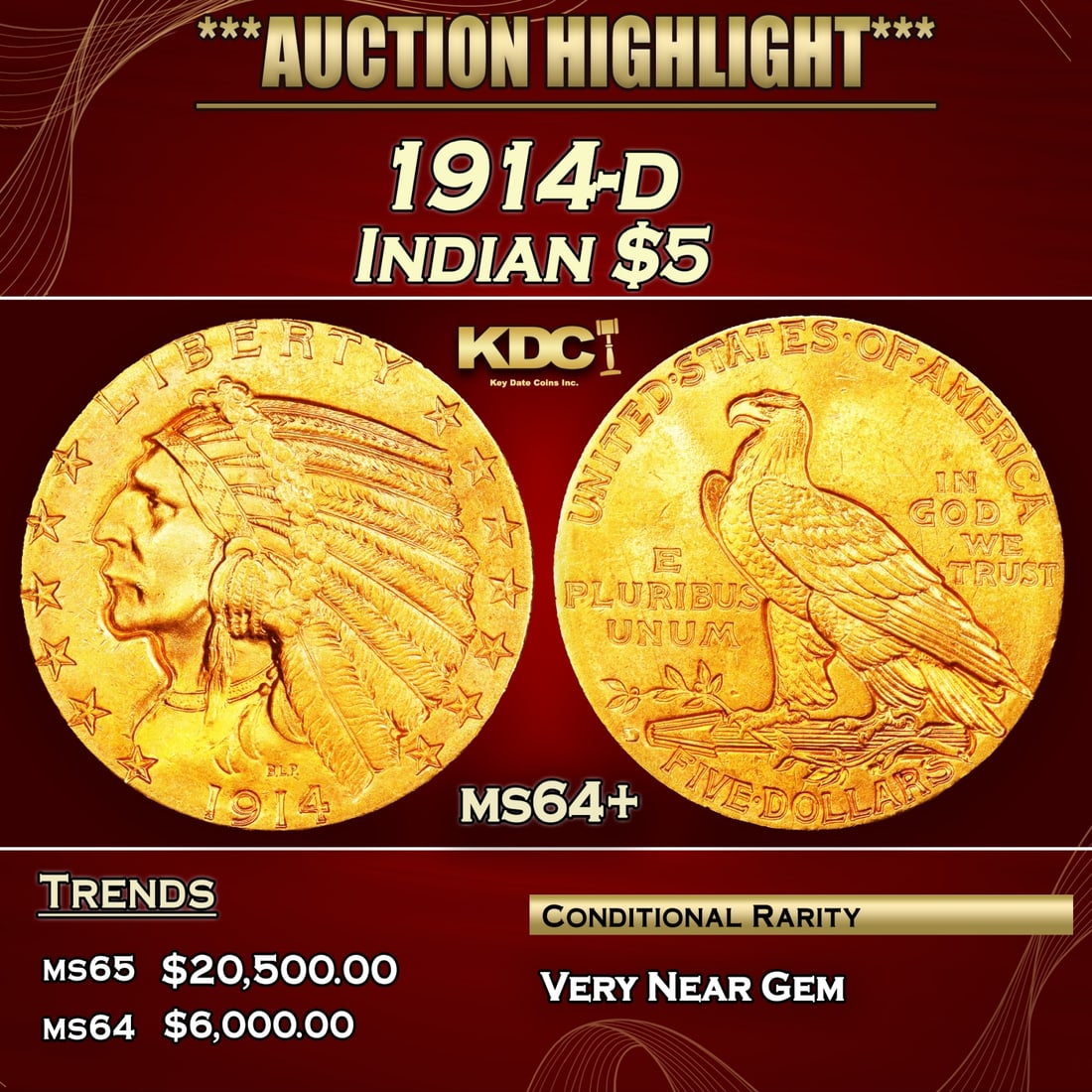 IE 1914-d Gold Indian Half Eagle $5 ms64+ USCG: 1914-d Gold Indian Half Eagle $5 ms64+ USCG. 0