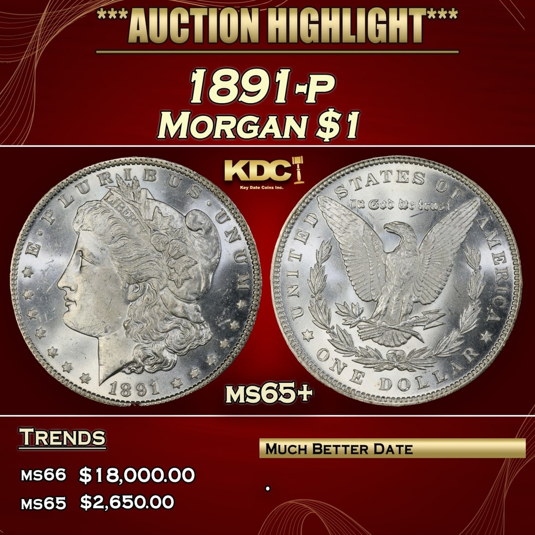 IO 1891-p Morgan Dollar $1 ms65+ SEGS: 1891-p Morgan Dollar $1 ms65+ SEGS. 0