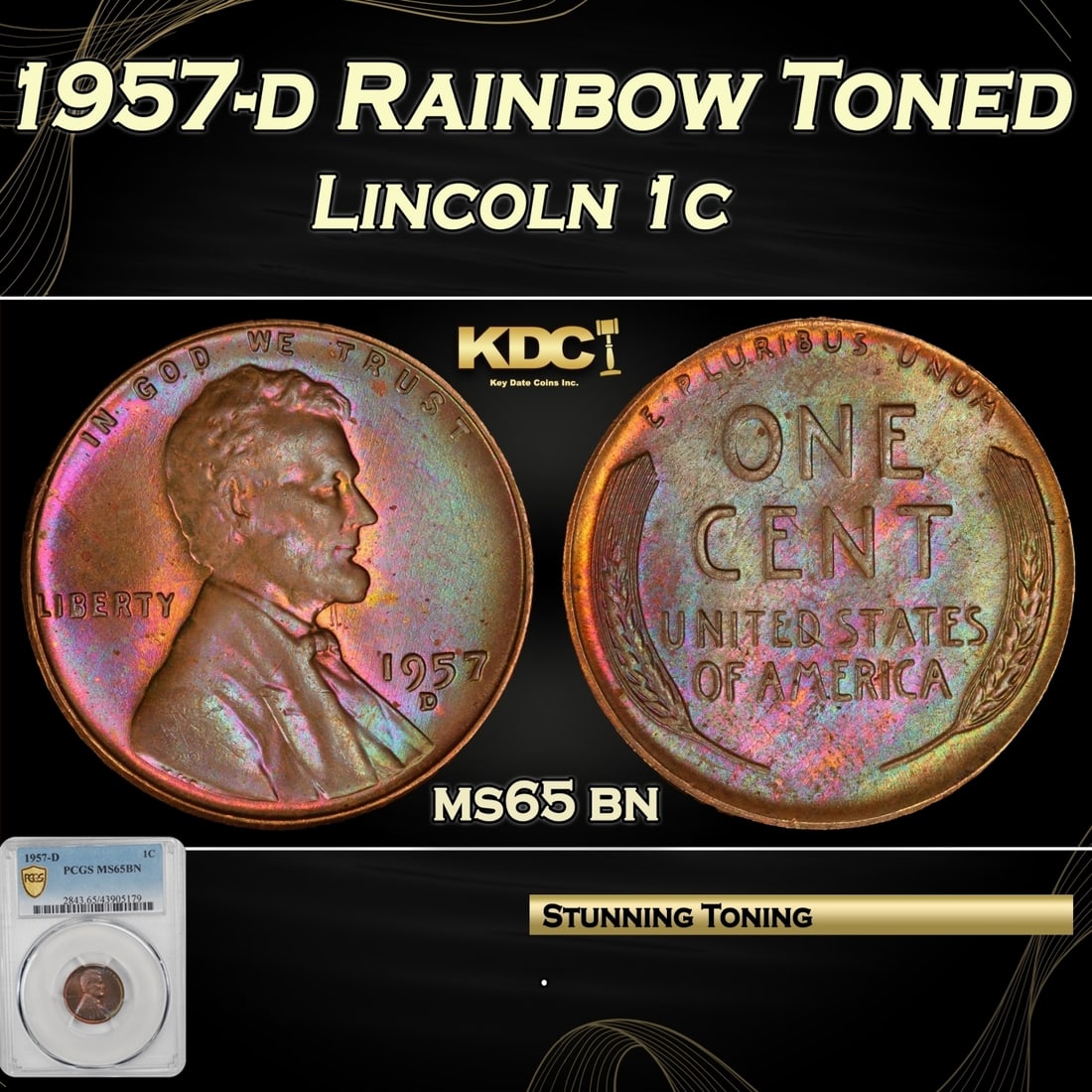 YO PCGS 1957-d Lincoln Cent Rainbow Toned 1c ms65 bn PCGS (1 of 4)