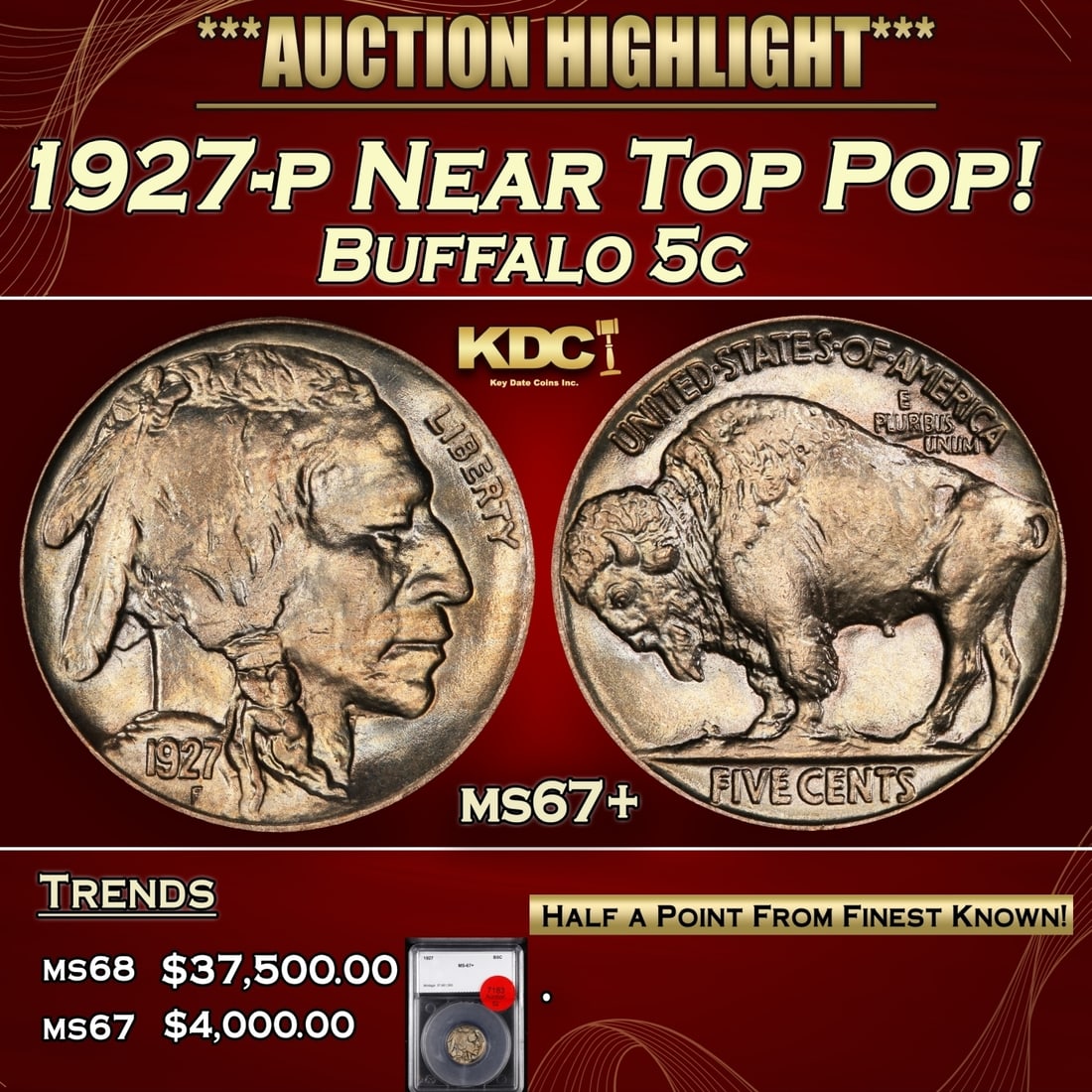 YO 1927-p Buffalo Nickel Near Top Pop! 5c ms67+ SEGS: 1927-p Near Top Pop! Buffalo Nickel 5c ms67+ SEGS. 0