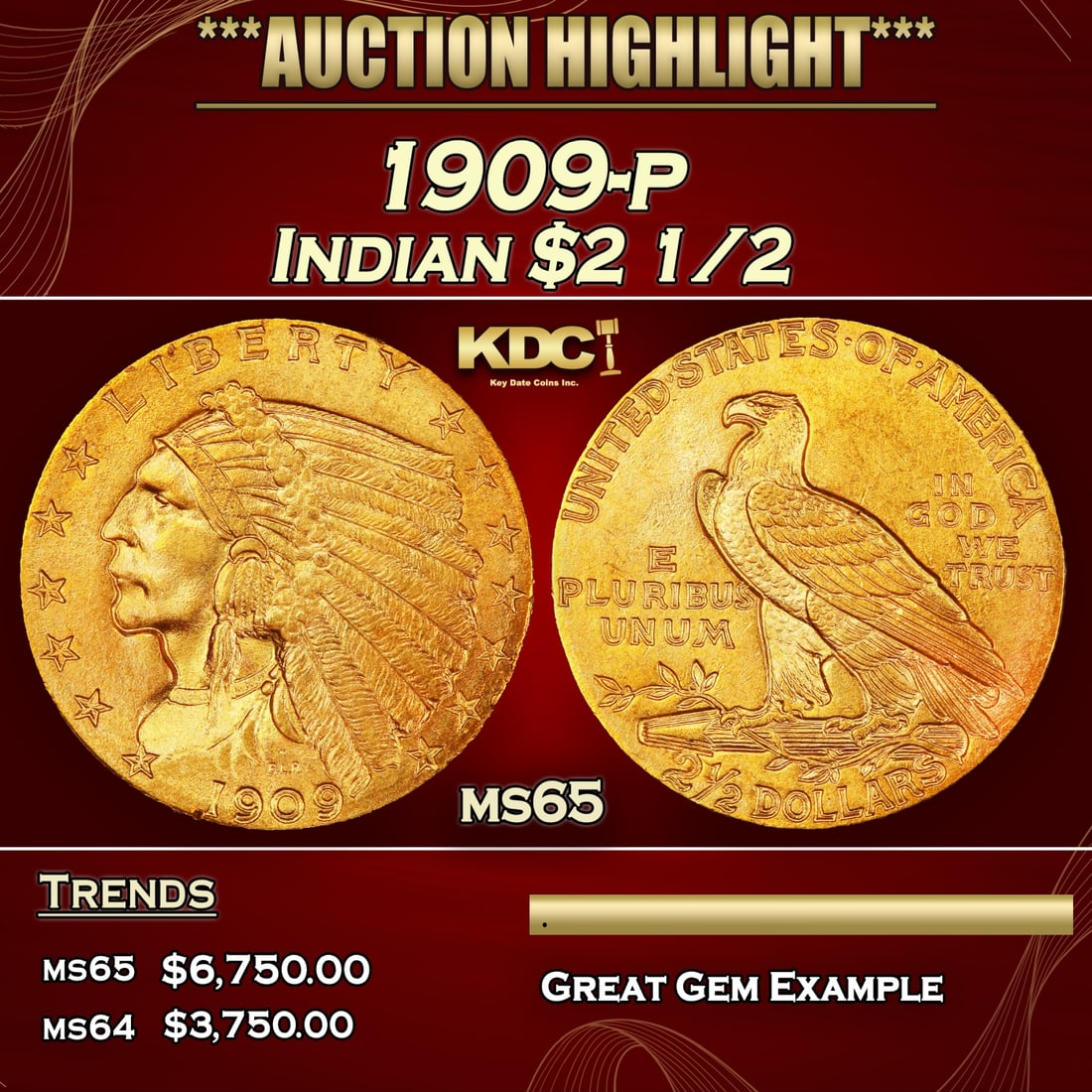 IE 1909-p Gold Indian Quarter Eagle $2 1/2 ms65 SEGS: 1909-p Gold Indian Quarter Eagle $2 1/2 ms65 SEGS. 0