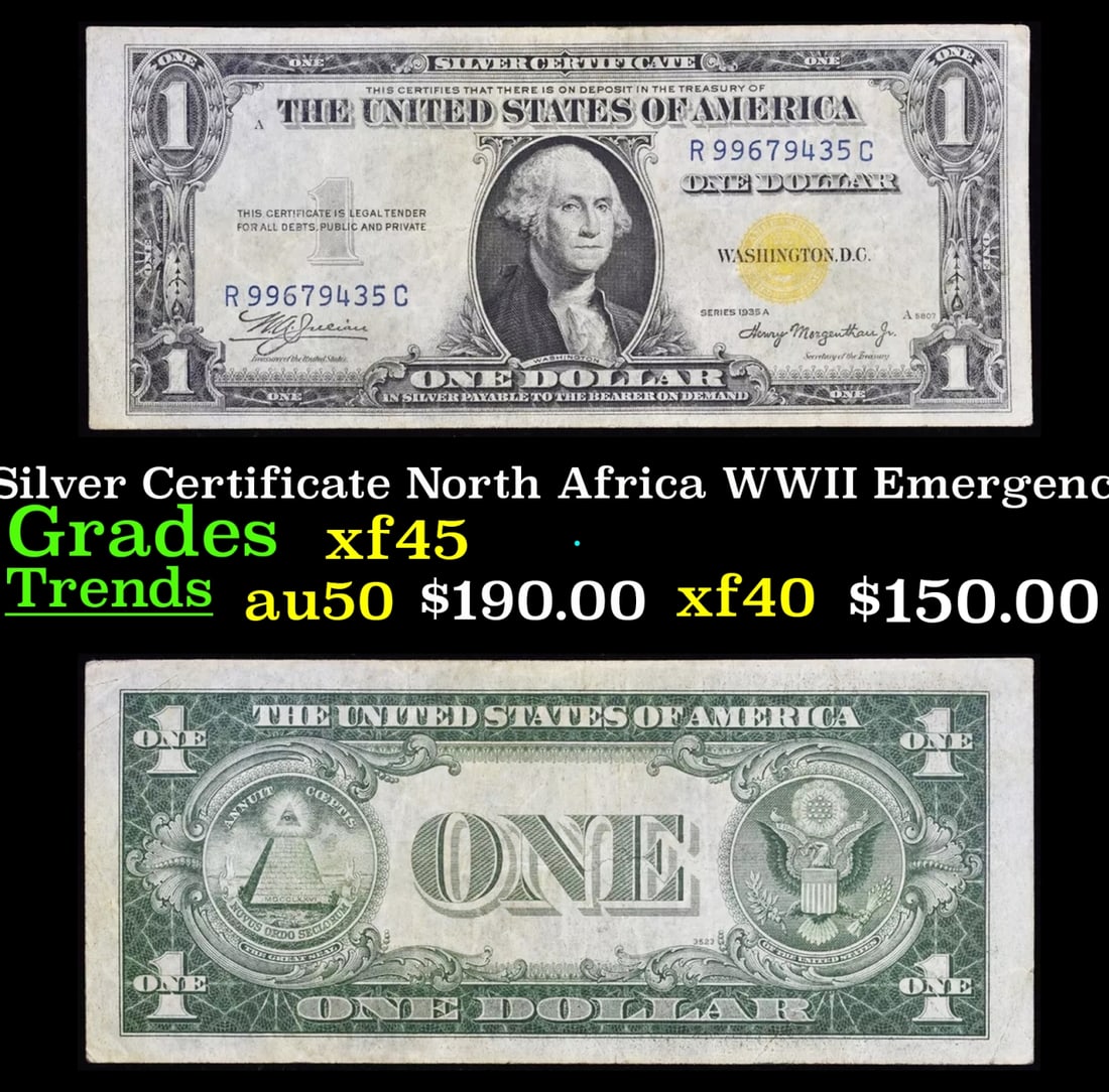 1935A $1 Silver Certificate North Africa WWII Emergency Currency Grades xf+: 1935A $1 Silver Certificate North Africa WWII Emergency Currency Grades xf+. FR-2306 Signatures of Julian & Morgenthau. It was the darkest days of World War II, just after Pearl Harbor. Were the Nazis