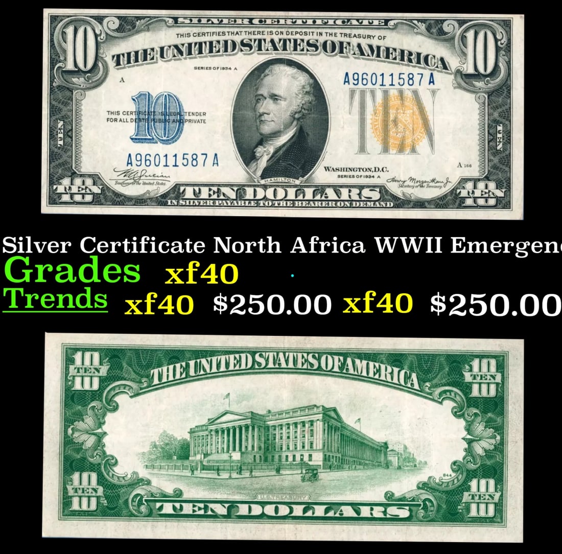1934A $10 Silver Certificate North Africa WWII Emergency Currency Grades xf (1 of 3)