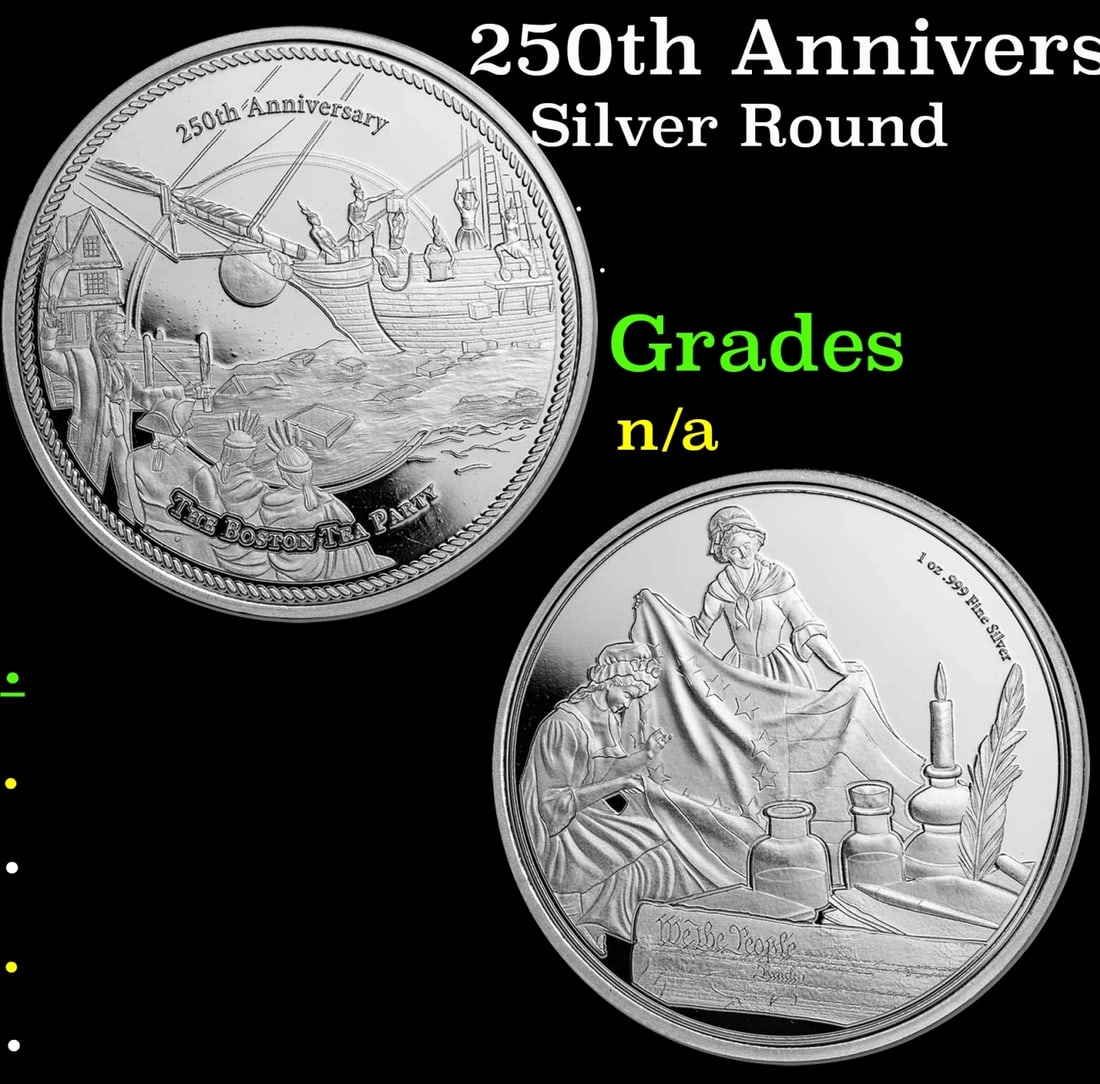 250th Anniversary Boston Tea Party 1 oz .999 Silver Round: 250th Anniversary Boston Tea Party 1 oz .999 Silver Round. Commemorating the 250th anniversary of the Boston Tea Party, each APMEXclusive® round contains .999 fine silver featuring a depiction of the