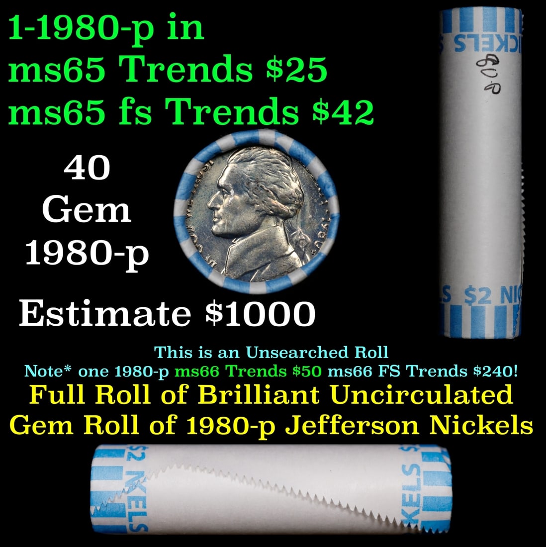 BU Shotgun Jefferson 5c roll, 1980-p 40 pcs Bank $2 Nickel Wrapper: BU Shotgun Jefferson 5c roll, 1980-p 40 pcs Bank $2 Nickel Wrapper.