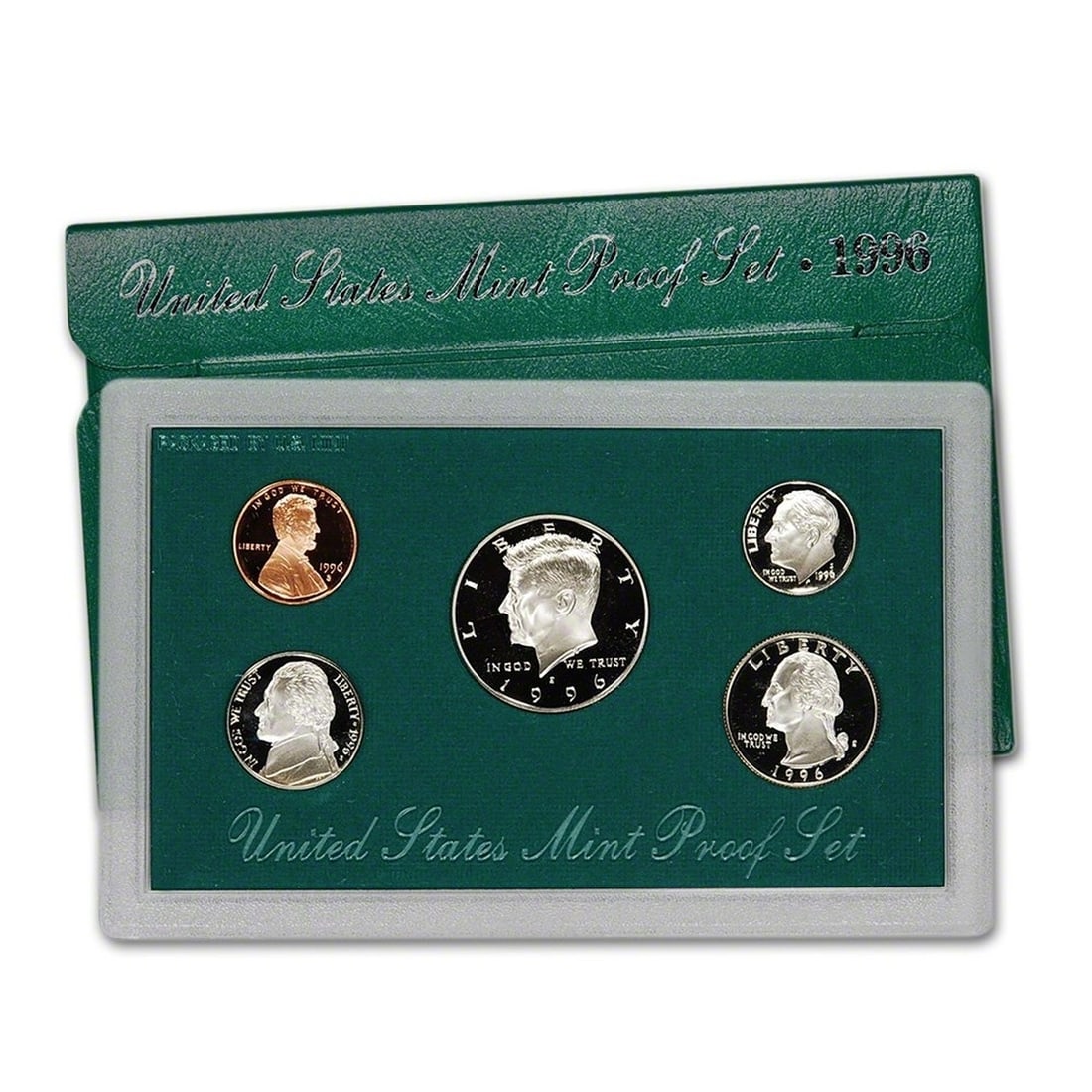 1996 United States Proof Set, 5 Coins Inside: 1996 United States Proof Set, 5 Coins Inside. Each set contained five coins: One example each of the Lincoln Cent, Jefferson Nickel, Roosevelt Dime (Copper-Nickel Clad), Washington Quarter (Copper-Nic