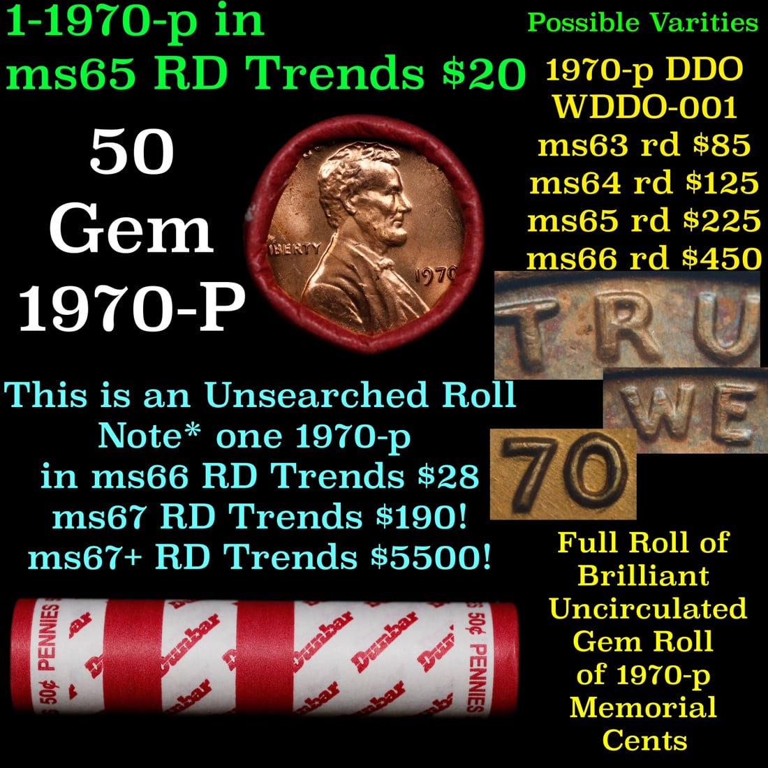 BU Shotgun Lincoln 1c roll, 1970-p 50 pcs Dunbar Wrapper 50c: BU Shotgun Lincoln 1c roll, 1970-p 50 pcs Dunbar Wrapper 50c.