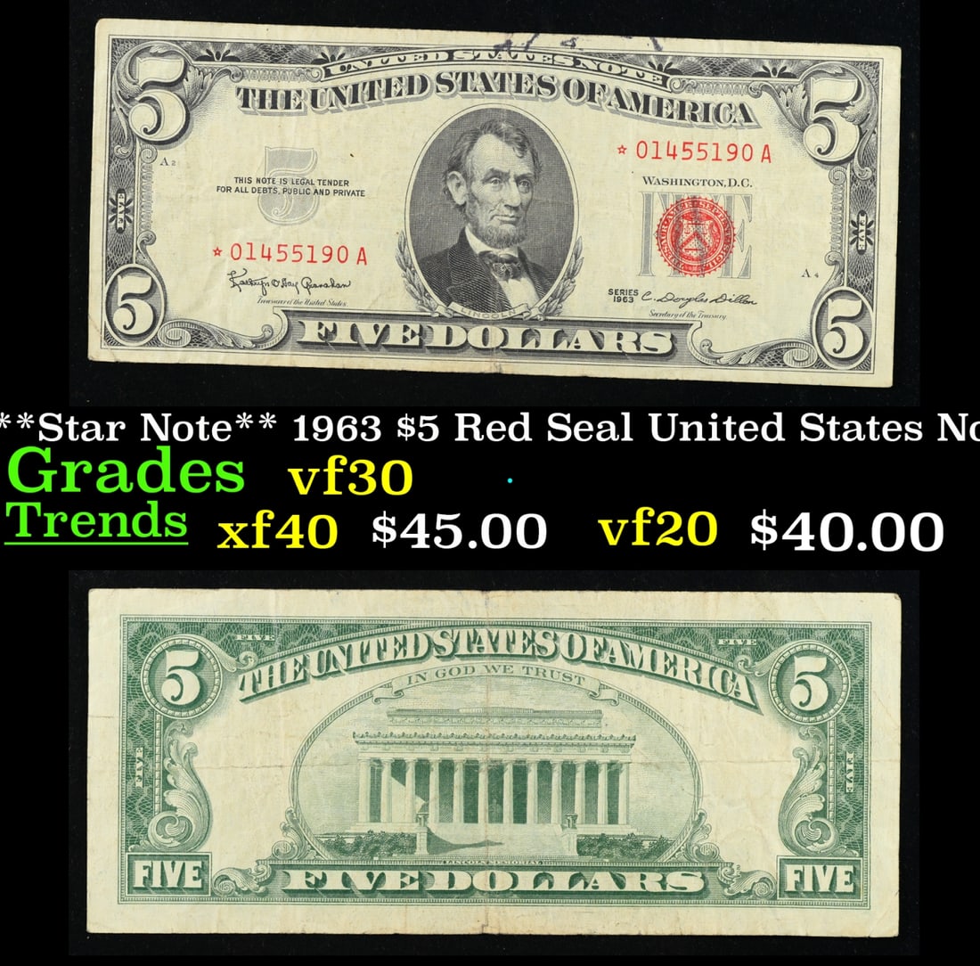 **Star Note** 1963 $5 Red Seal United States Note Grades vf++ (1 of 3)