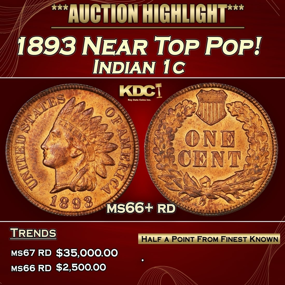 1893 Indian Cent Near Top Pop! 1c ms66+ rd SEGS (1 of 3)