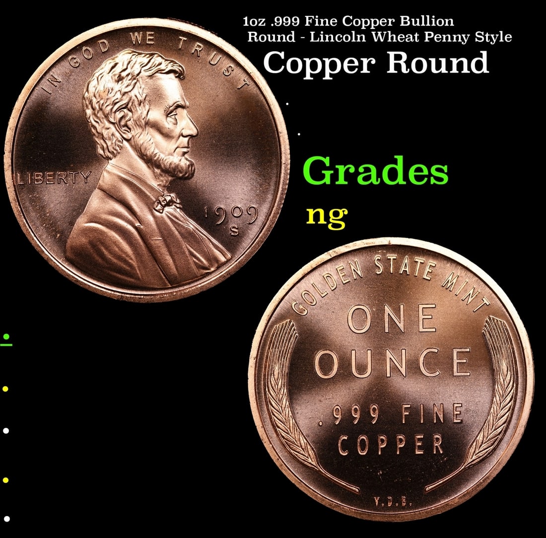 1oz .999 Fine Copper Bullion Round - Lincoln Wheat Penny Style: 1oz .999 Fine Copper Bullion Round - Lincoln Wheat Penny Style.