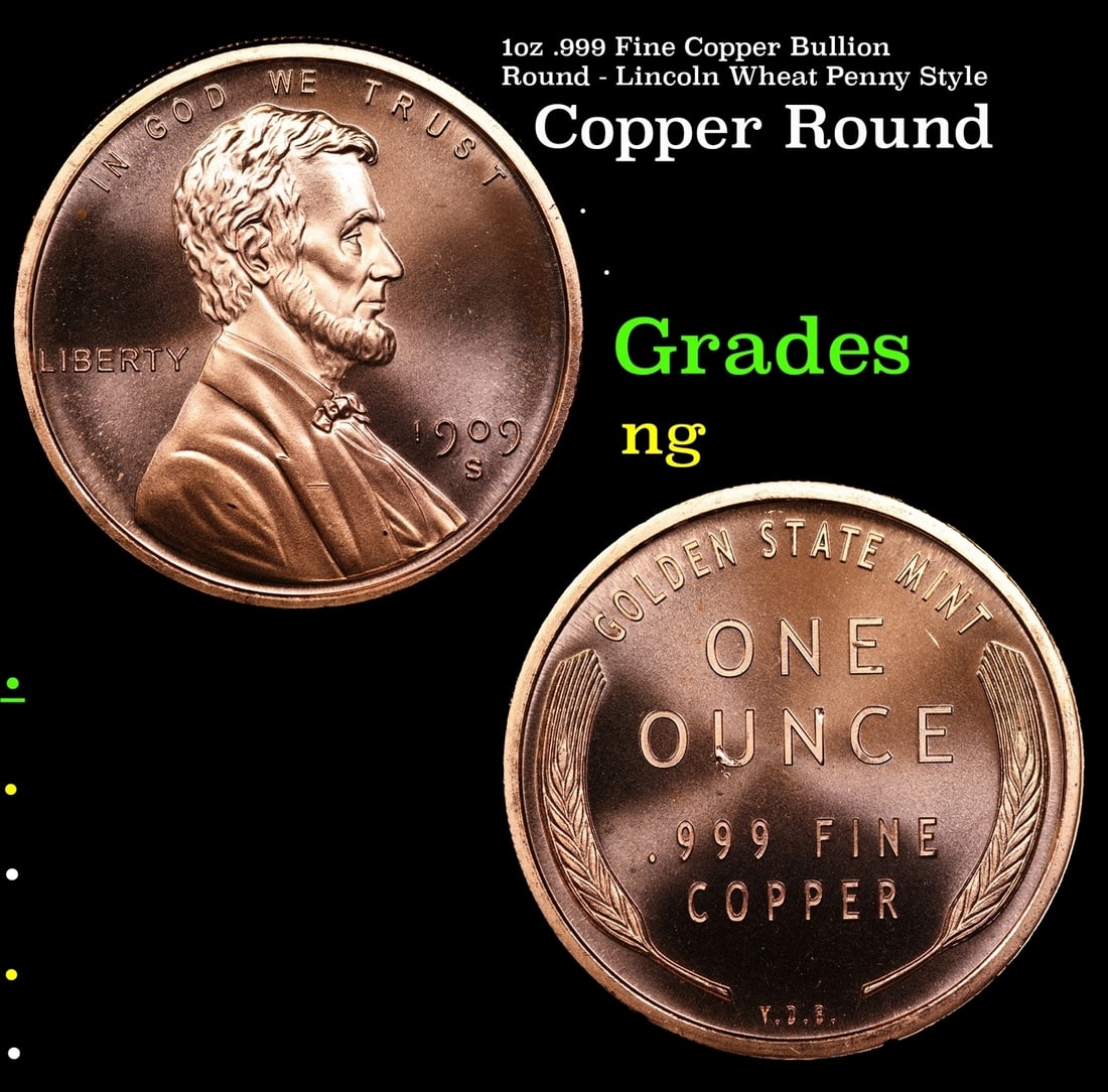 1oz .999 Fine Copper Bullion Round - Lincoln Wheat Penny Style: 1oz .999 Fine Copper Bullion Round - Lincoln Wheat Penny Style.