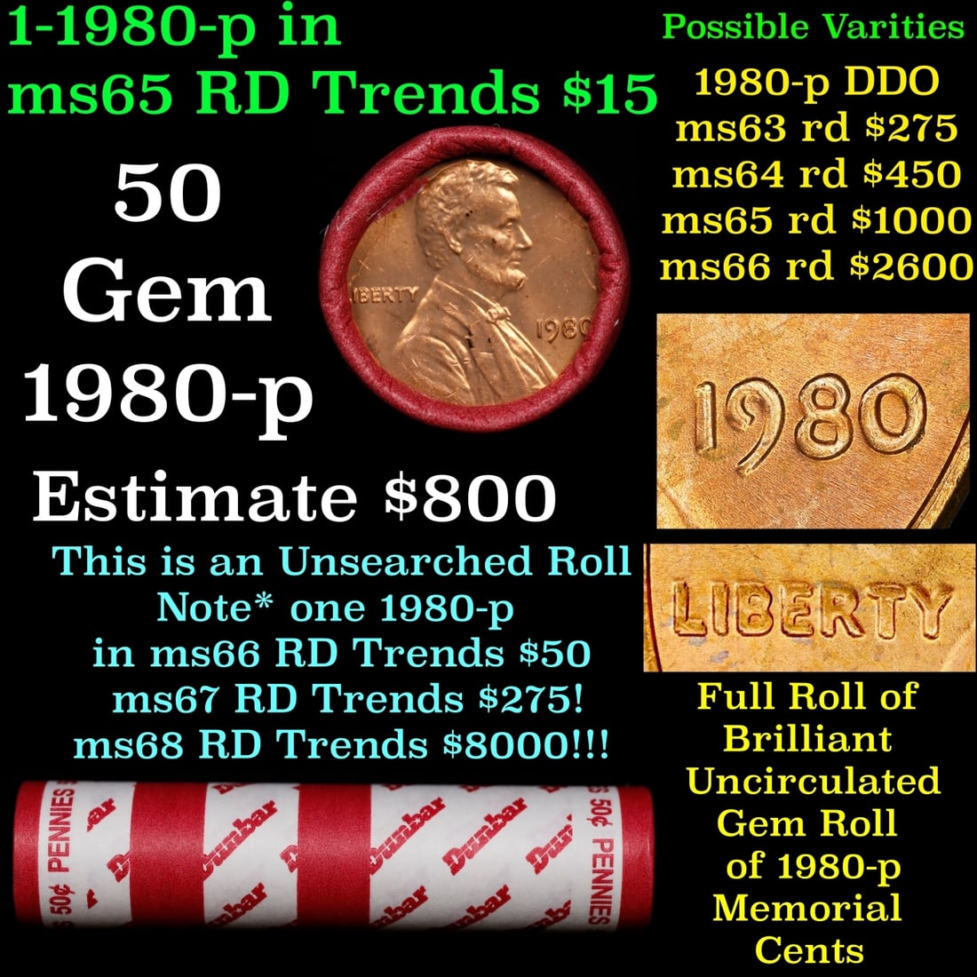 BU Shotgun Lincoln 1c roll, 1980-p 50 pcs Dunbar Wrapper 50c: BU Shotgun Lincoln 1c roll, 1980-p 50 pcs Dunbar Wrapper 50c. A terrific Shotgun roll of Lincoln cents in a Dunbar wrapper. Most if not all coins should be cherry red.
