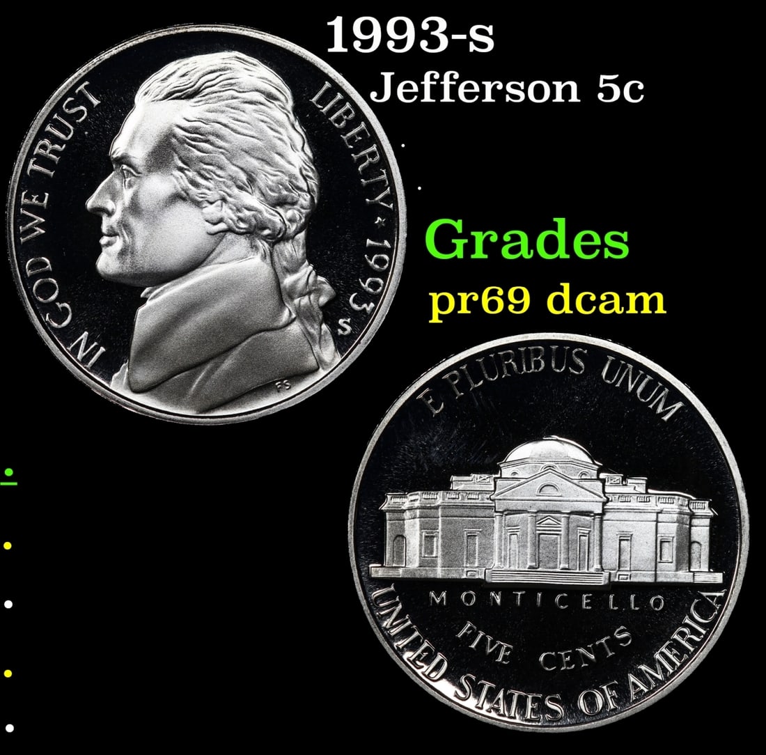 1993-s Proof Jefferson Nickel 5c Grades GEM++ Proof Deep Cameo: 1993-s Jefferson Nickel 5c Grades GEM++ Proof Deep Cameo.