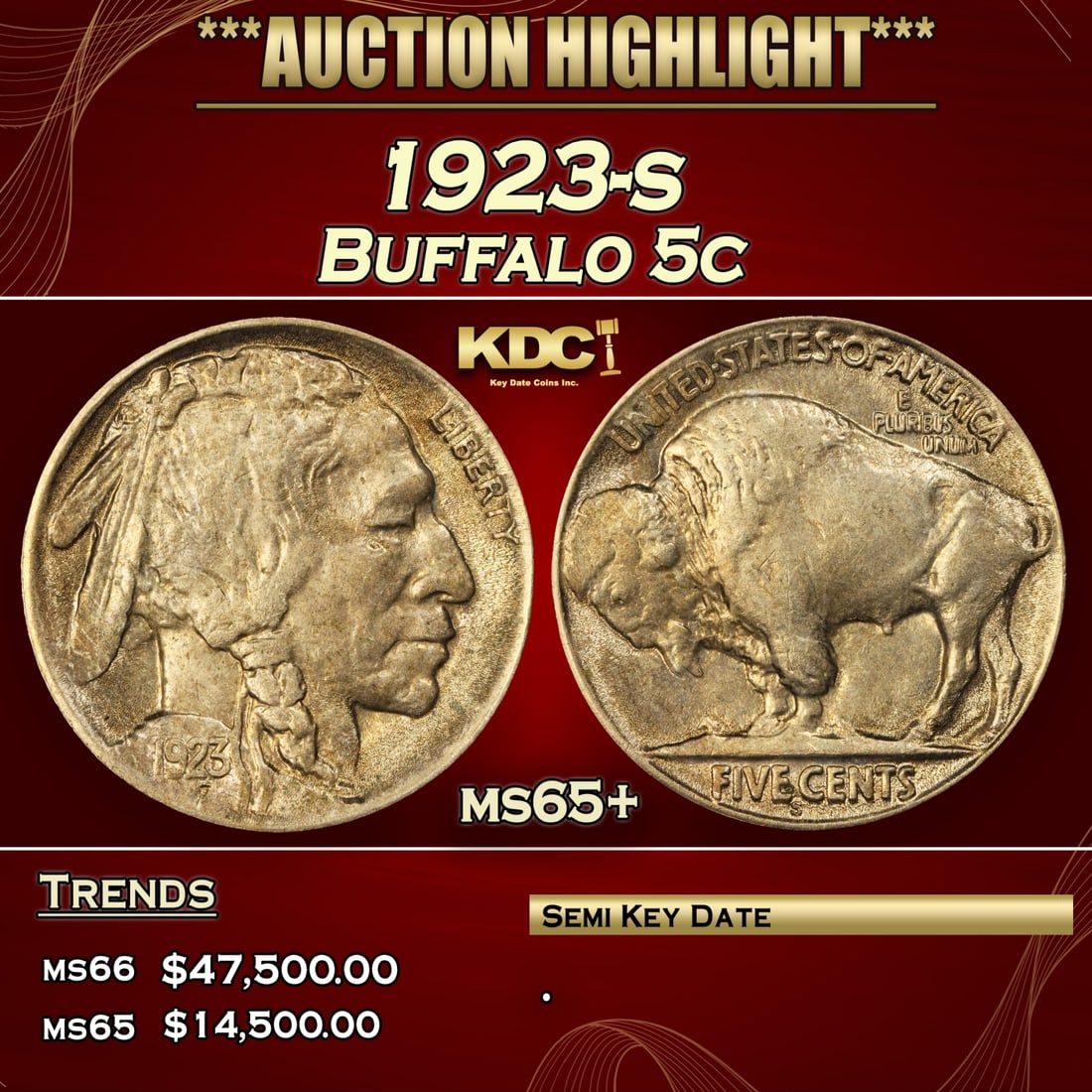 IY 1923-s Buffalo Nickel 5c ms65+ SEGS (1 of 3)