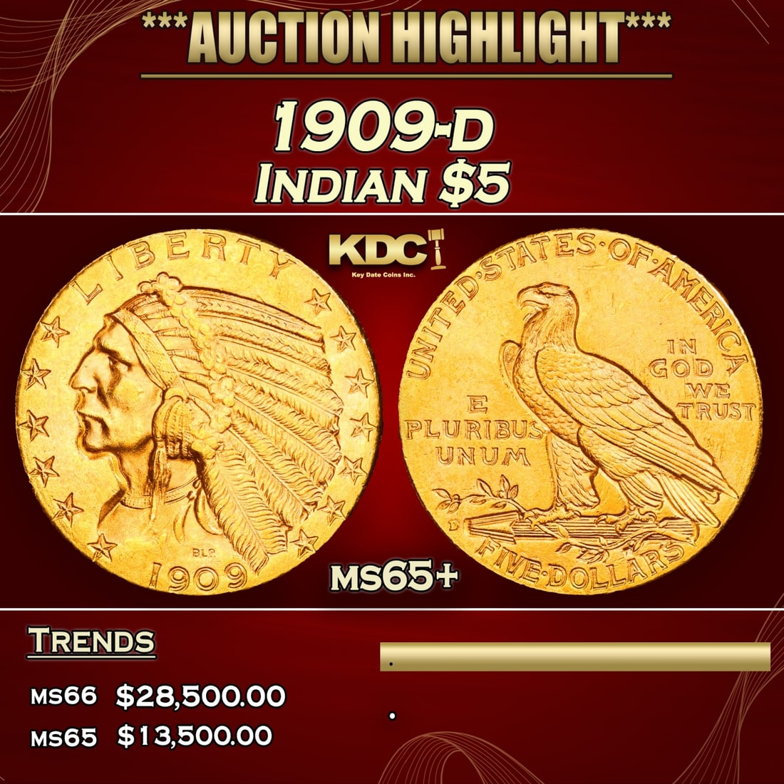 IY 1909-d Gold Indian Half Eagle $5 ms65+ USCG (1 of 3)