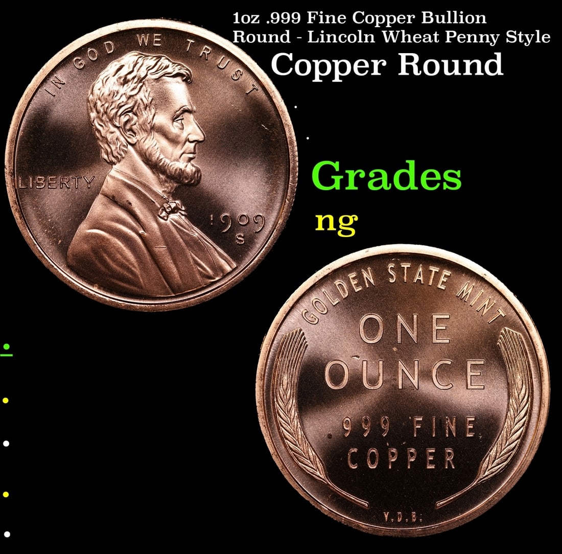1oz .999 Fine Copper Bullion Round - Lincoln Wheat Penny Style: 1oz .999 Fine Copper Bullion Round - Lincoln Wheat Penny Style.