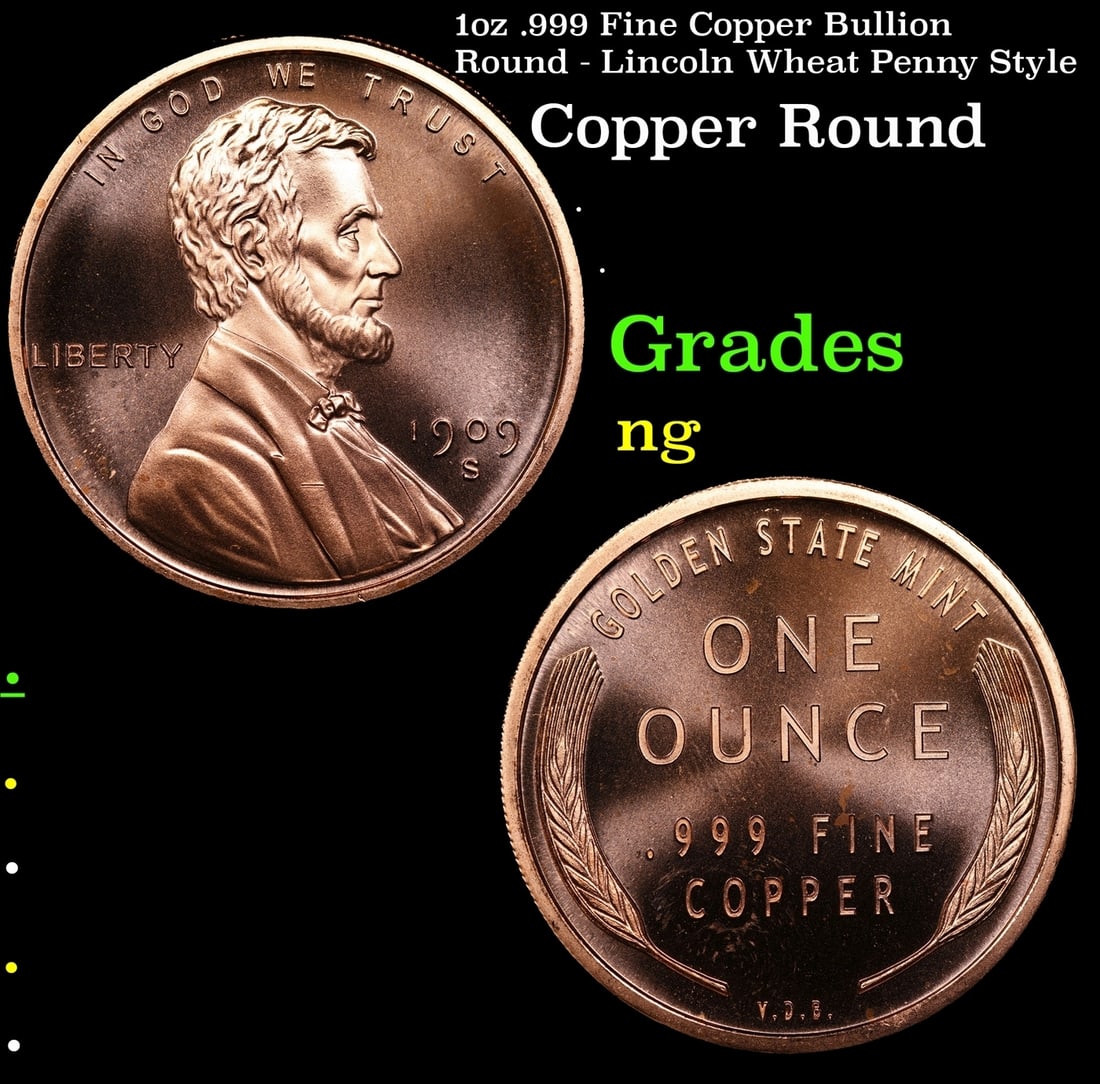1oz .999 Fine Copper Bullion Round - Lincoln Wheat Penny Style: 1oz .999 Fine Copper Bullion Round - Lincoln Wheat Penny Style.