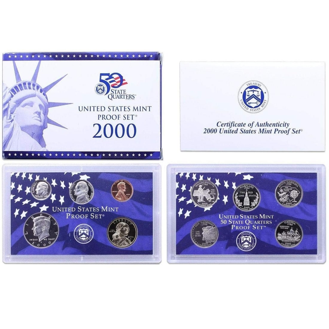 2000 United States Mint Proof Set 10 coins: 2000 United States Mint Proof Set 10 coins. The Set contains 5 Proof State Quarters, a Proof Half Dollar, a Proof Dime, as well as 3 additional Proof coins Including the Sacagawea Proof Dollar coin. C