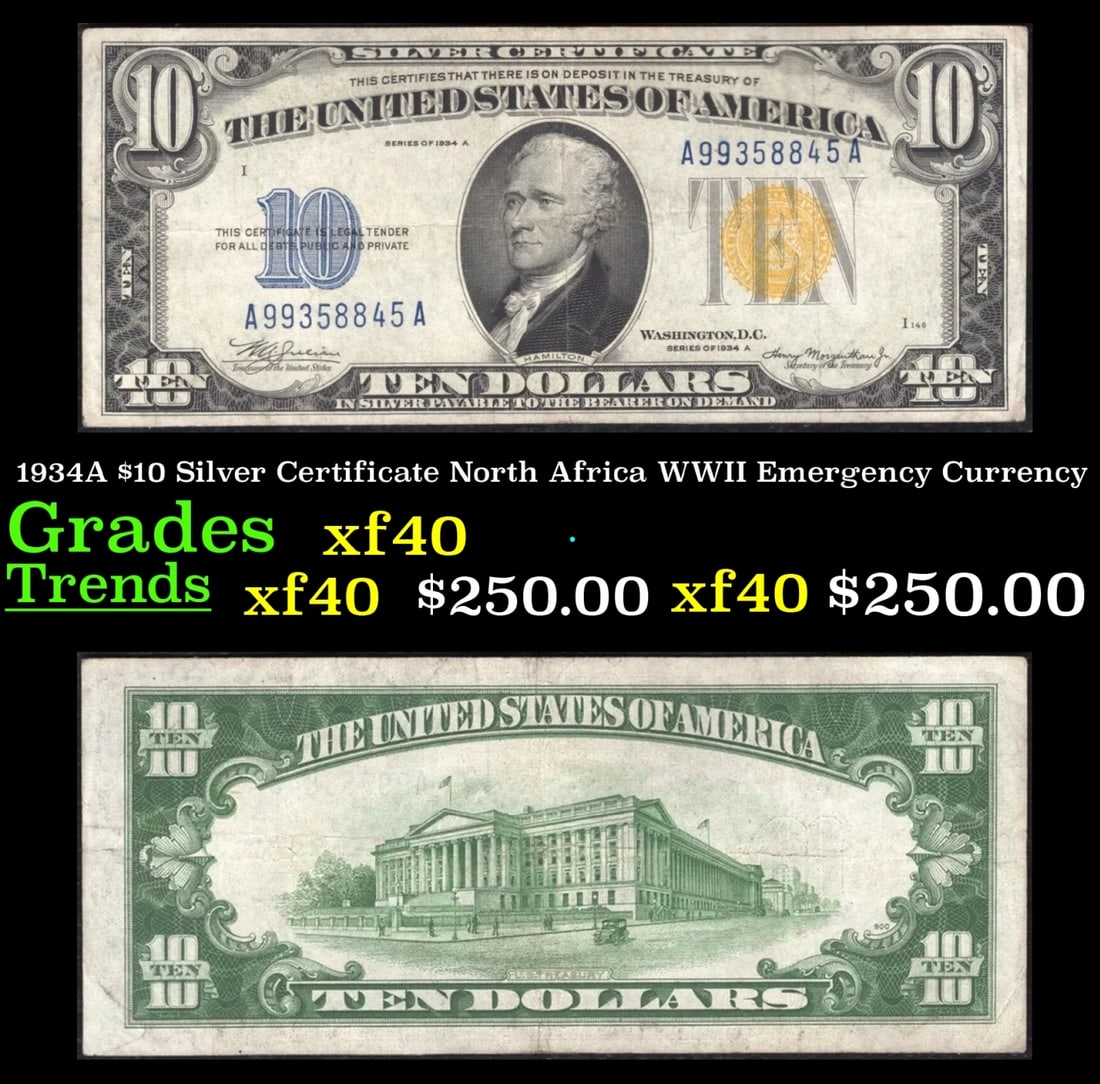 1934A $10 Silver Certificate North Africa WWII Emergency Currency Grades xf (1 of 3)