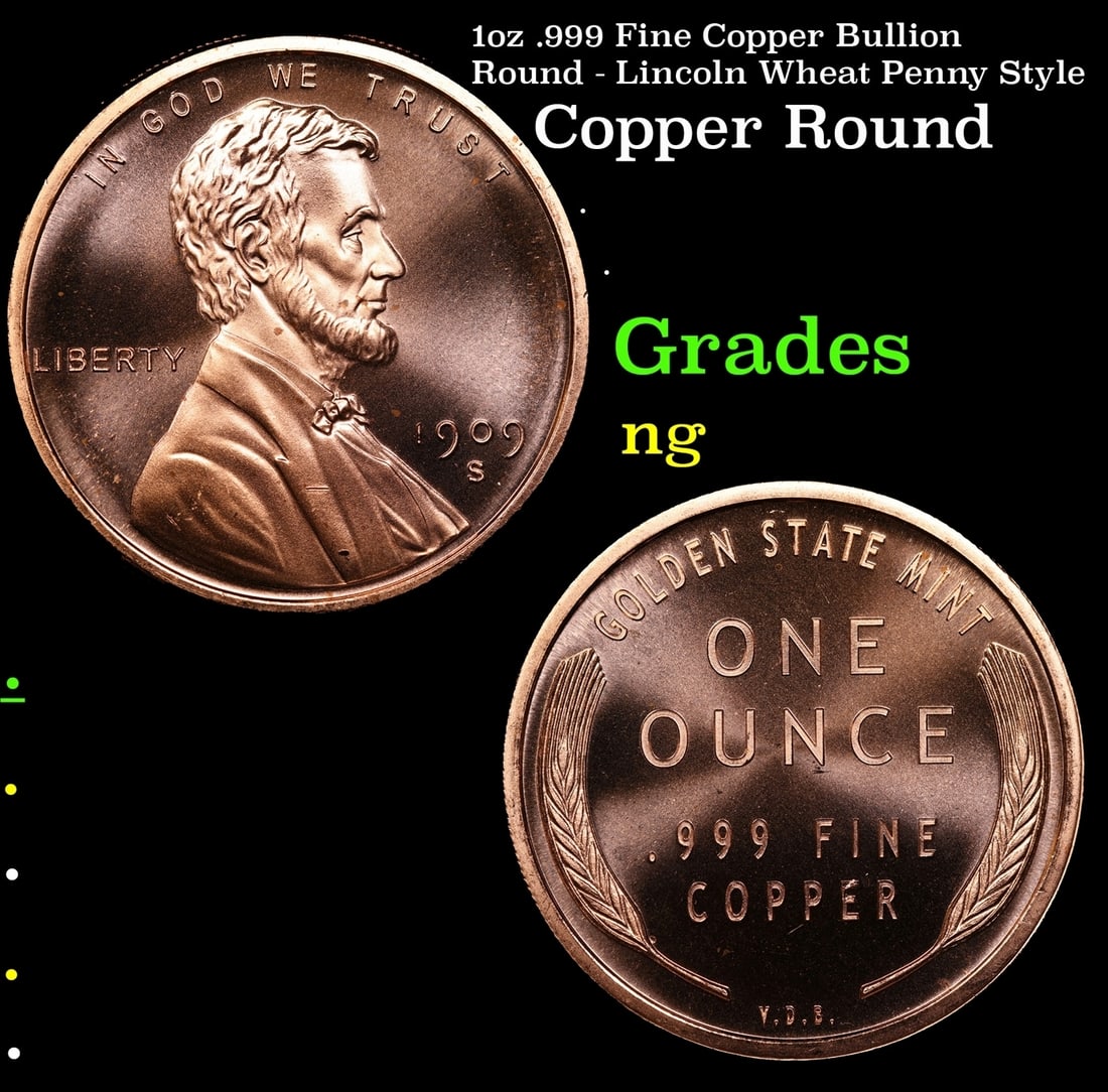 1oz .999 Fine Copper Bullion Round - Lincoln Wheat Penny Style: 1oz .999 Fine Copper Bullion Round - Lincoln Wheat Penny Style.
