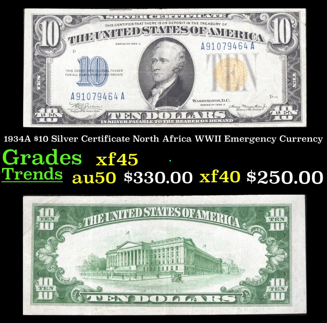 1934A $10 Silver Certificate North Africa WWII Emergency Currency Grades xf+ (1 of 3)