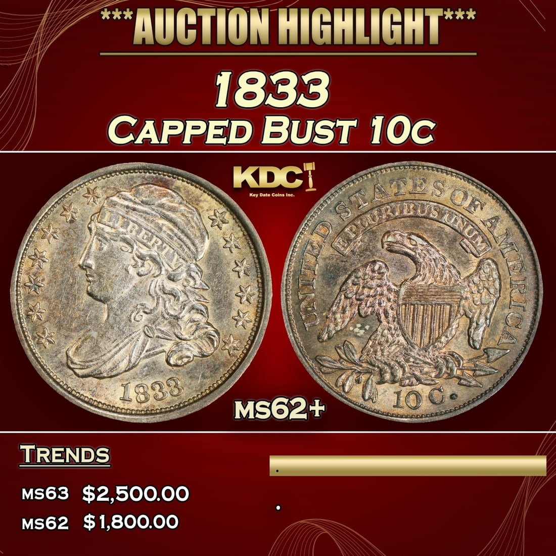 1833 Capped Bust Dime 10c ms62+ BSCG (1 of 3)