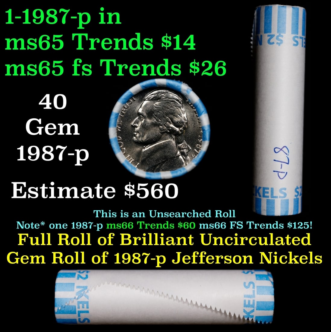 BU Shotgun Jefferson 5c roll, 1987-p 40 pcs Bank $2 Nickel Wrapper: BU Shotgun Jefferson 5c roll, 1987-p 40 pcs Bank $2 Nickel Wrapper.