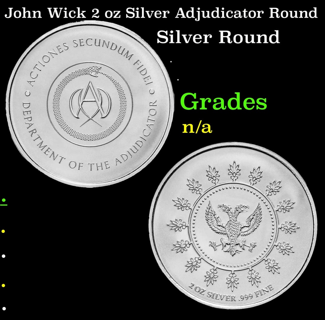 John Wick 2 oz Silver Adjudicator Round: John Wick 2 oz Silver Adjudicator Round. Lionsgate produced this exclusive, limited mintage coin featuring the Adjudicator’s Medallion from the John Wick franchise. This 2 oz .999 fine Silver round