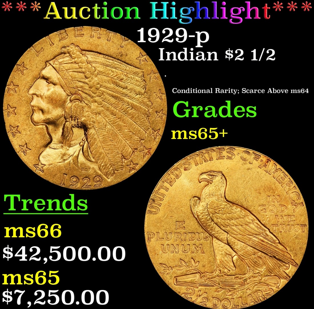 *Highlight* 1929-p Gold Indian Quarter Eagle $2 1/2 ms65+ SEGS (fc) (1 of 3)