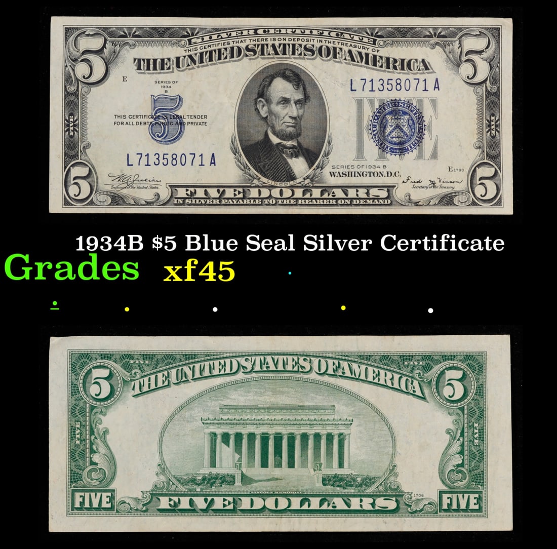 1934B $5 Blue Seal Silver Certificate Grades xf+ (1 of 3)