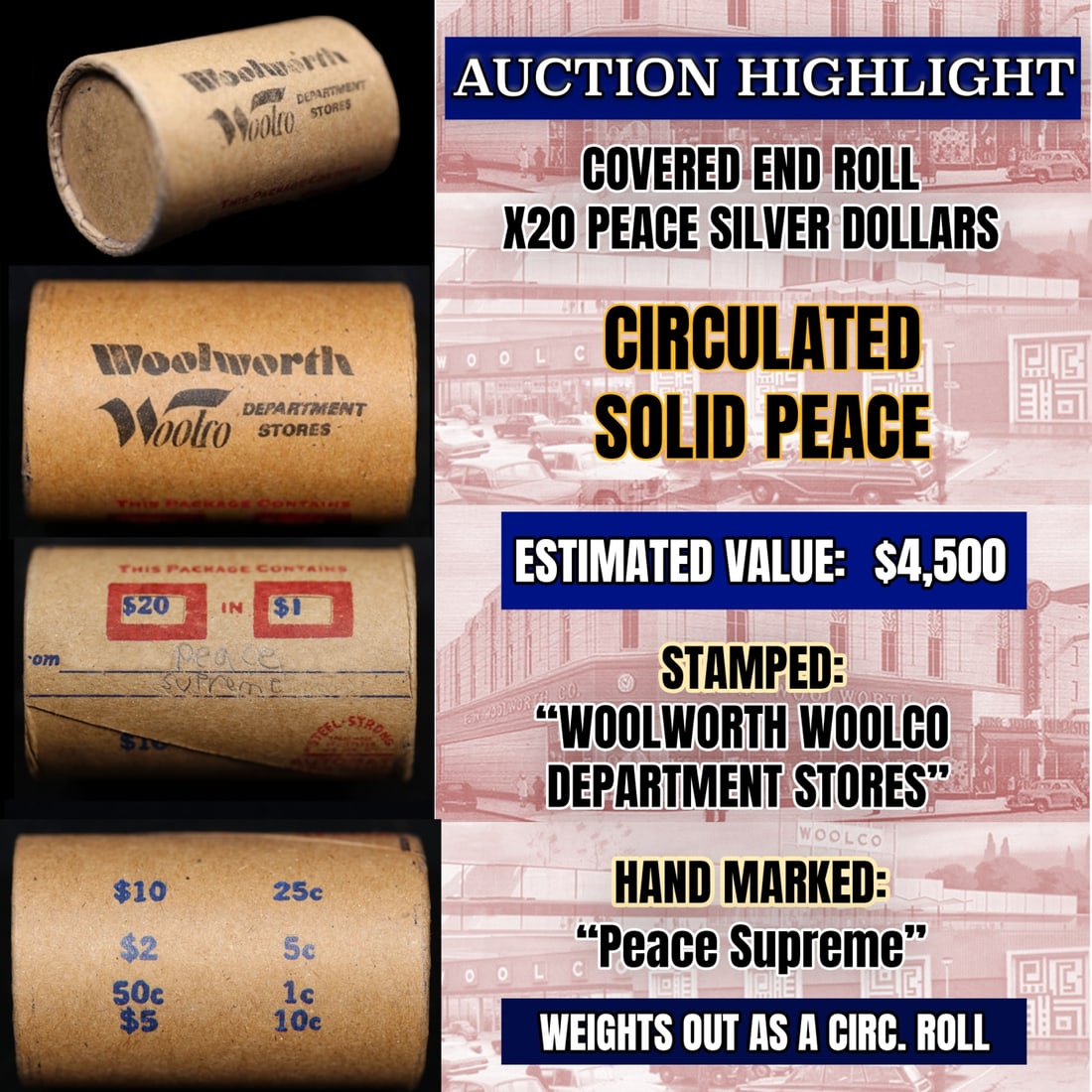 *EXCLUSIVE* Hand Marked " Peace Supreme," x20 coin Covered End Roll! - Huge Vault Hoard (FC): *EXCLUSIVE* Hand Marked " Peace Supreme," x20 coin Covered End Roll! - Huge Vault Hoard (FC). Up for auction is a (20 coin roll marked “Peace Supreme” and having two covered ends and weighing 