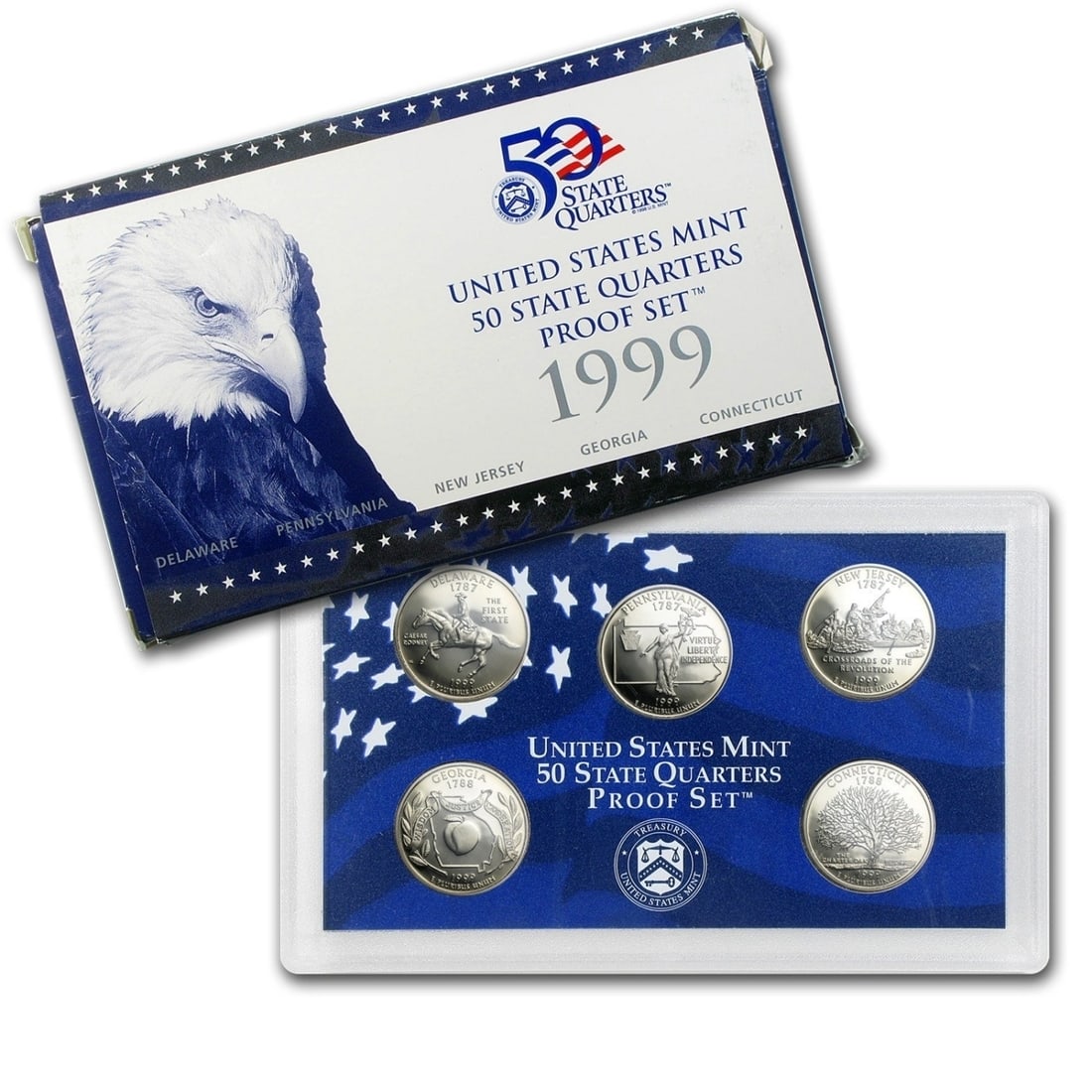 1999 United States Mint Proof Set 9 coins: 1999 United States Mint Proof Set 9 coins . The Set contains 5 Proof State Quarters, a Proof Half Dollar, a Proof Dime, as well as 2 additional Proof coins. Complete with Original Packaging and COA.