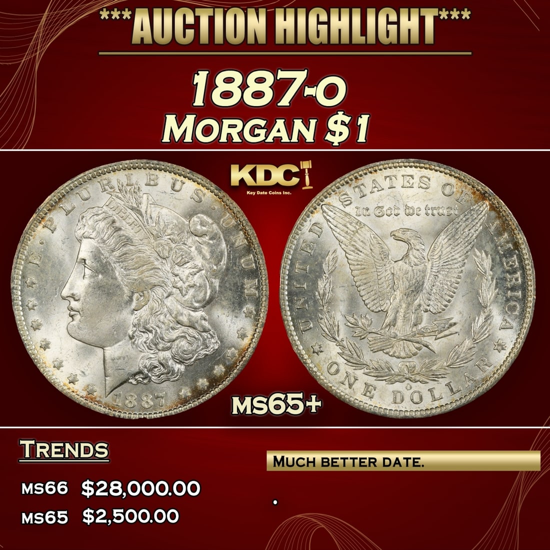 1887-o Morgan Dollar $1 ms65+ SEGS: 1887-o Morgan Dollar $1 ms65+ SEGS. 0