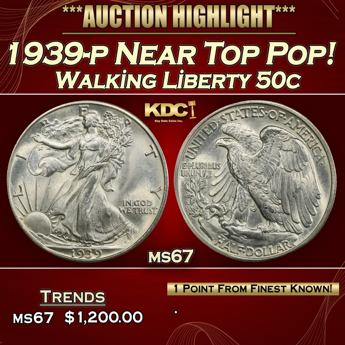 1939-p Walking Liberty Half Dollar Near Top Pop! 50c ms67 SEGS: 1939-p Near Top Pop! Walking Liberty Half Dollar 50c ms67 SEGS. 0