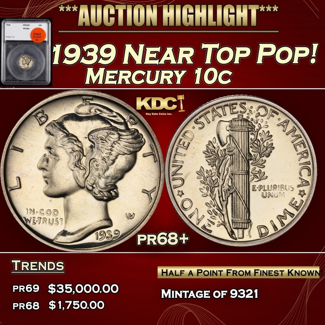 1939 Proof Mercury Dime Near Top Pop! 10c pr68+ SEGS (1 of 4)