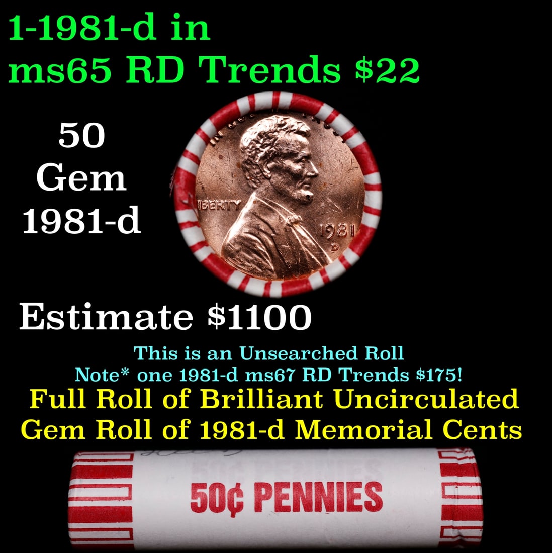 BU Shotgun Lincoln 1c roll, 1981-d 50 pcs Bank Wrapper 50c: BU Shotgun Lincoln 1c roll, 1981-d 50 pcs Bank Wrapper 50c. A terrific Shotgun roll of Lincoln cents in a Bank wrapper. Most if not all coins should be cherry red.