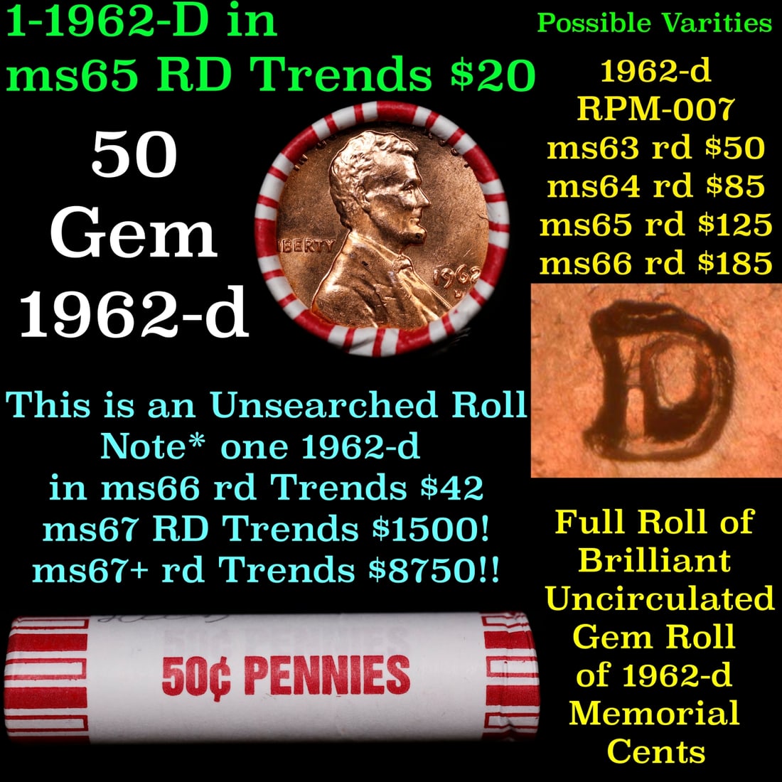 BU Shotgun Lincoln 1c roll, 1962-d 50 pcs Bank Wrapper 50c: BU Shotgun Lincoln 1c roll, 1962-d 50 pcs Bank Wrapper 50c. A terrific Shotgun roll of Lincoln cents in a Bank wrapper. Most if not all coins should be cherry red.