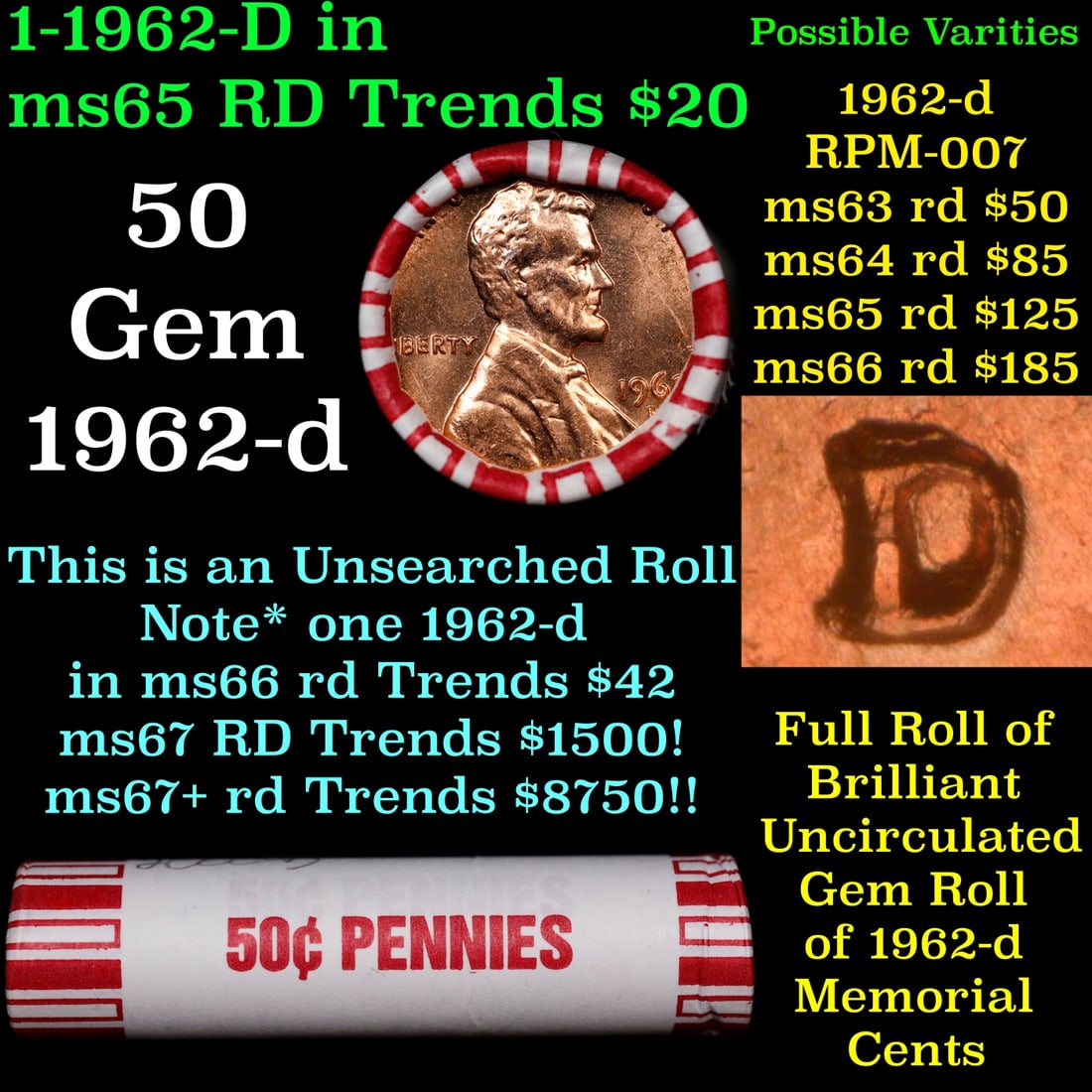 BU Shotgun Lincoln 1c roll, 1962-d 50 pcs Bank Wrapper 50c: BU Shotgun Lincoln 1c roll, 1962-d 50 pcs Bank Wrapper 50c. A terrific Shotgun roll of Lincoln cents in a Bank wrapper. Most if not all coins should be cherry red.
